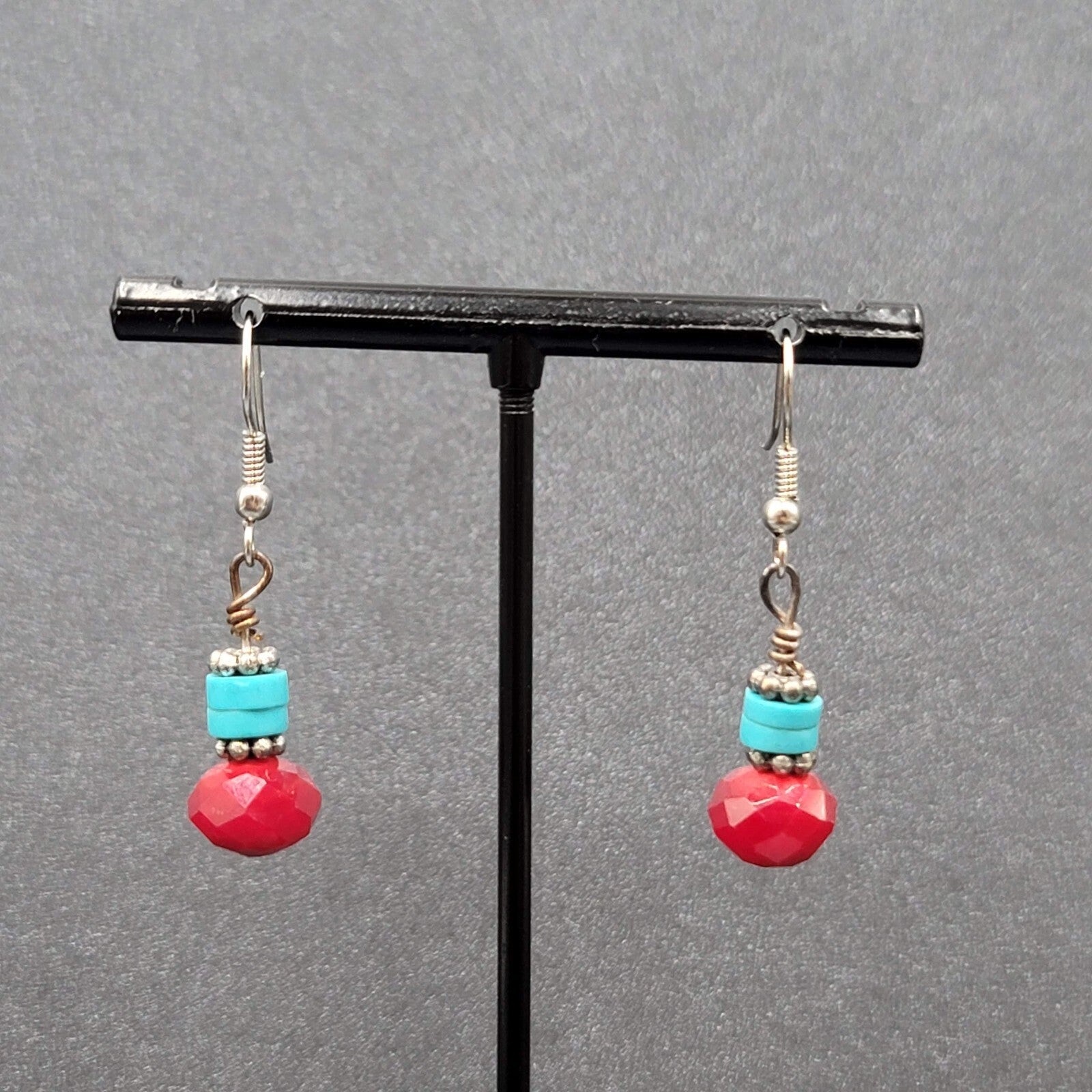 Pierced Earrings Silver tone Red Stone Turquoise Stone Beads Dangle  7/8"