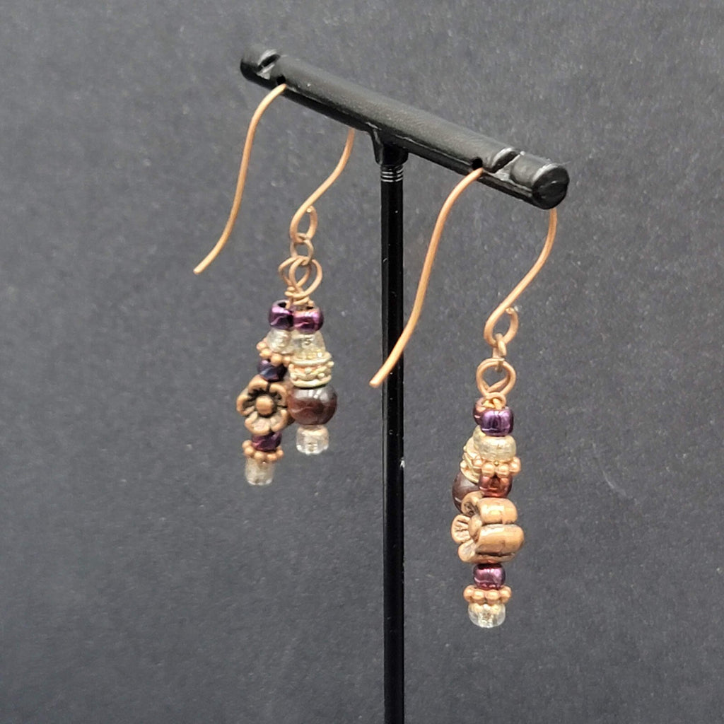 Pierced Earrings Copper tone Red Bead Dangle Flower  1.25"