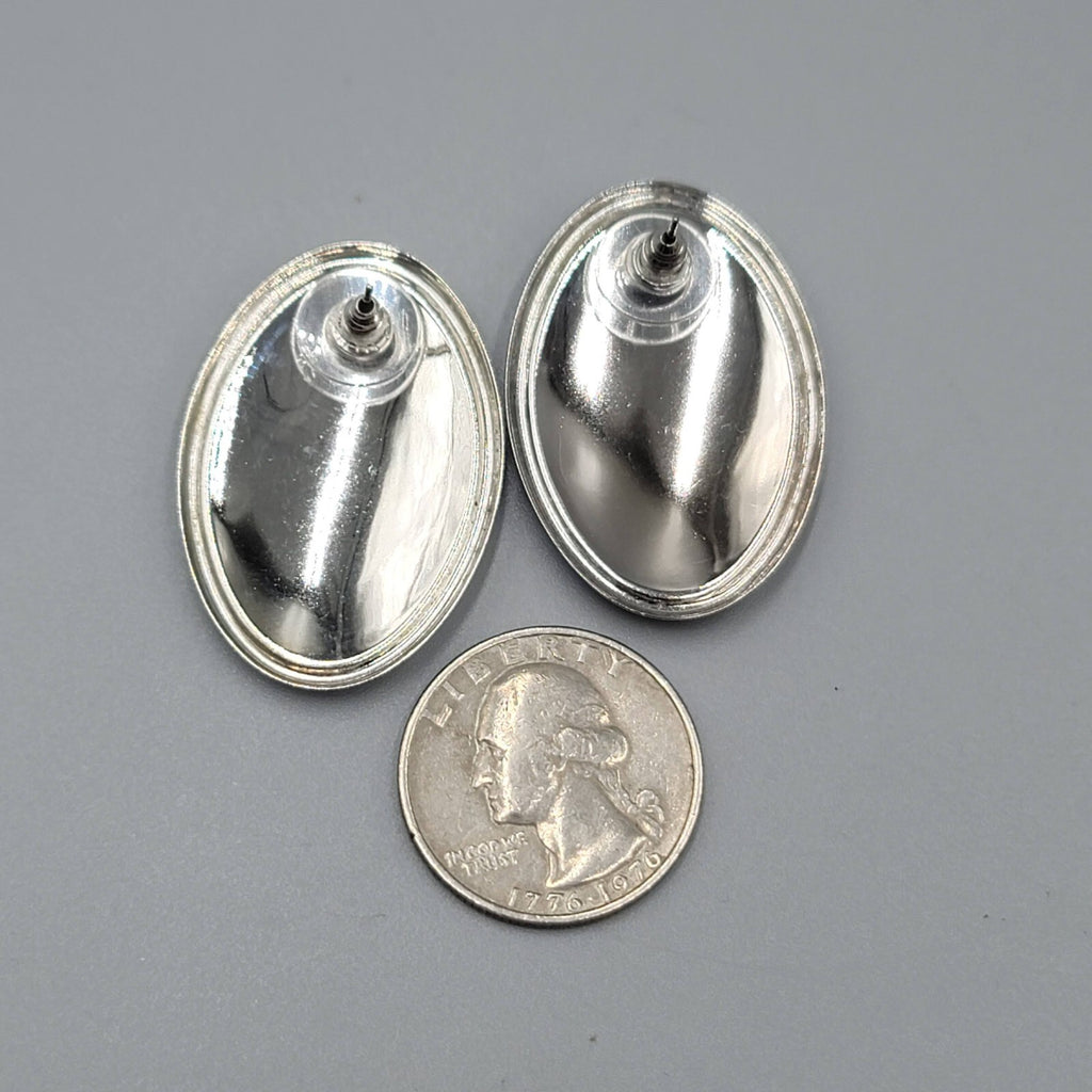 Vintage Pierced Earrings Pink Blue Enamel Silver tone Oval Drop 1 3/8"