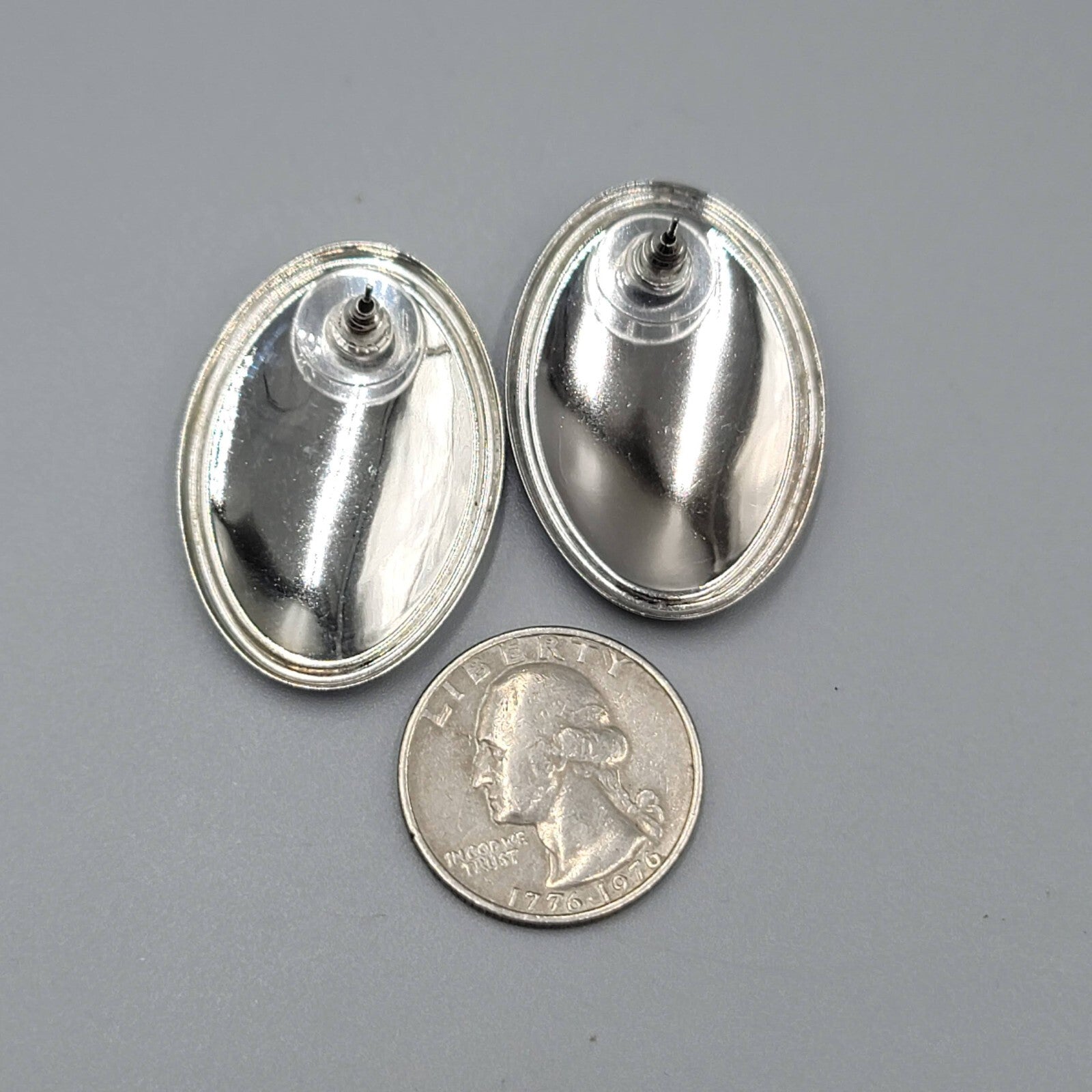 Vintage Pierced Earrings Pink Blue Enamel Silver tone Oval Drop 1 3/8"