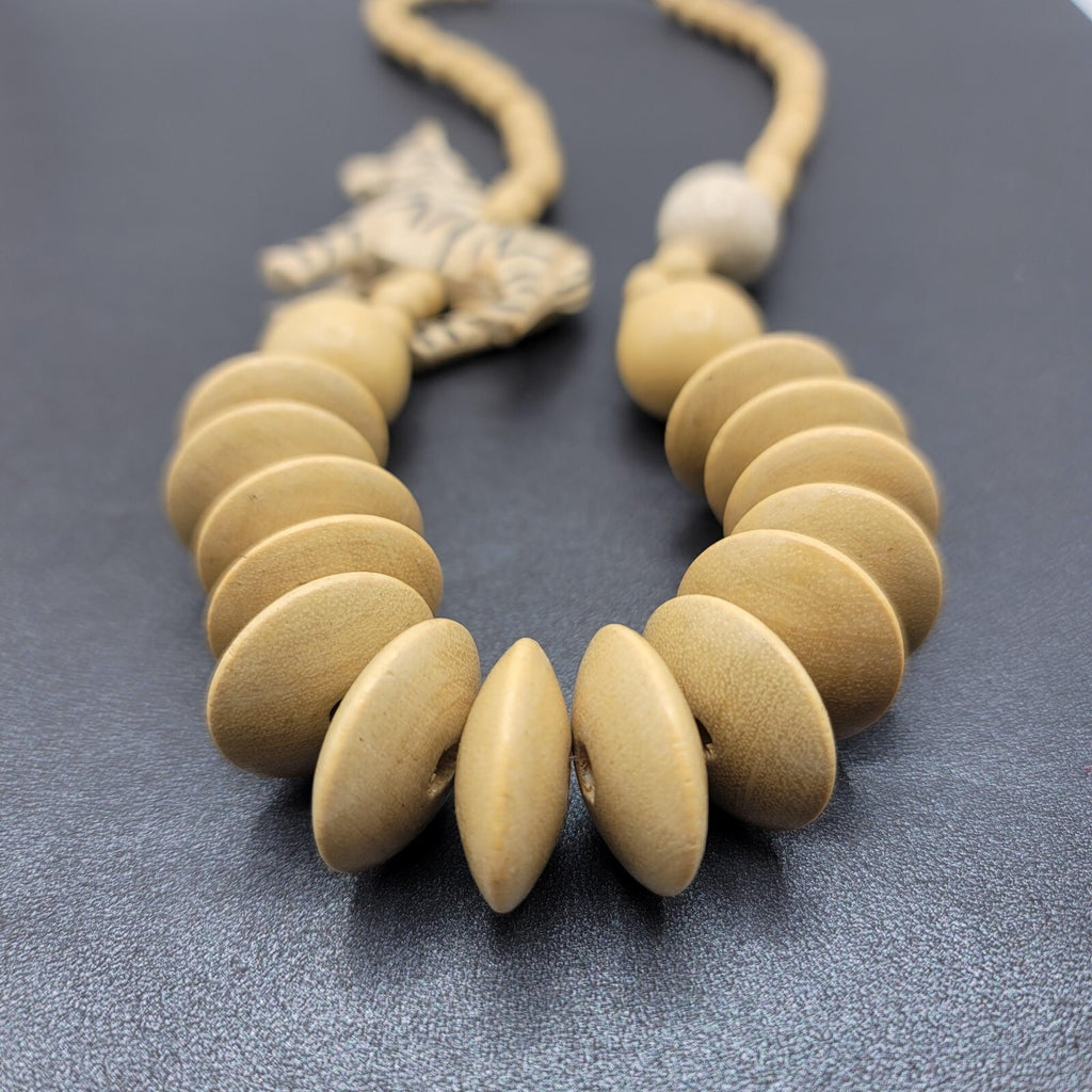 Vintage Safari African Zebra Carved Wood Beaded Necklace 24"