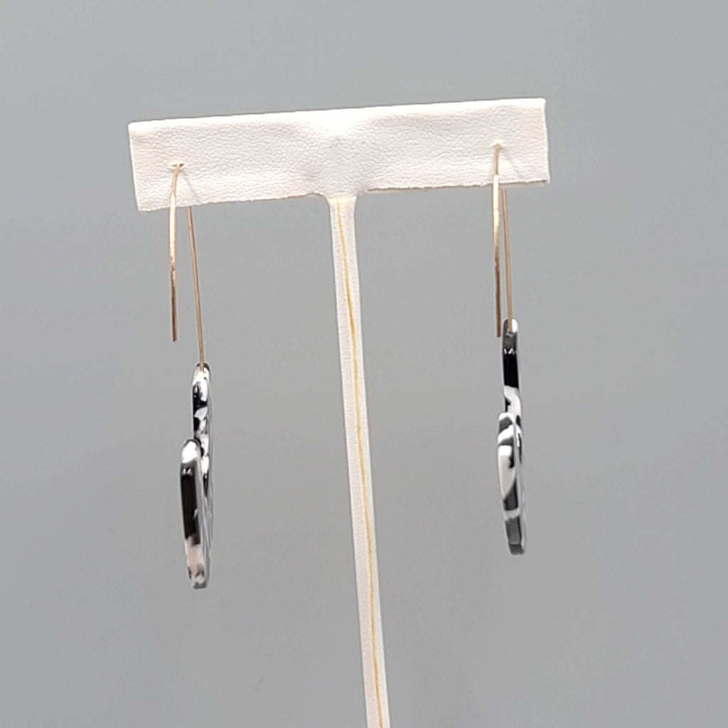 Pierced Earrings Black White Acrylic Large Statement Hoops Gold tone 2.75"