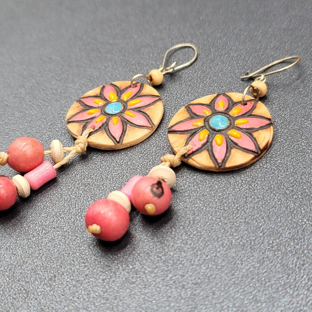 Vintage Pierced Earrings Hand Painted Carved Coconut Pink Bead Dangle 2.25"