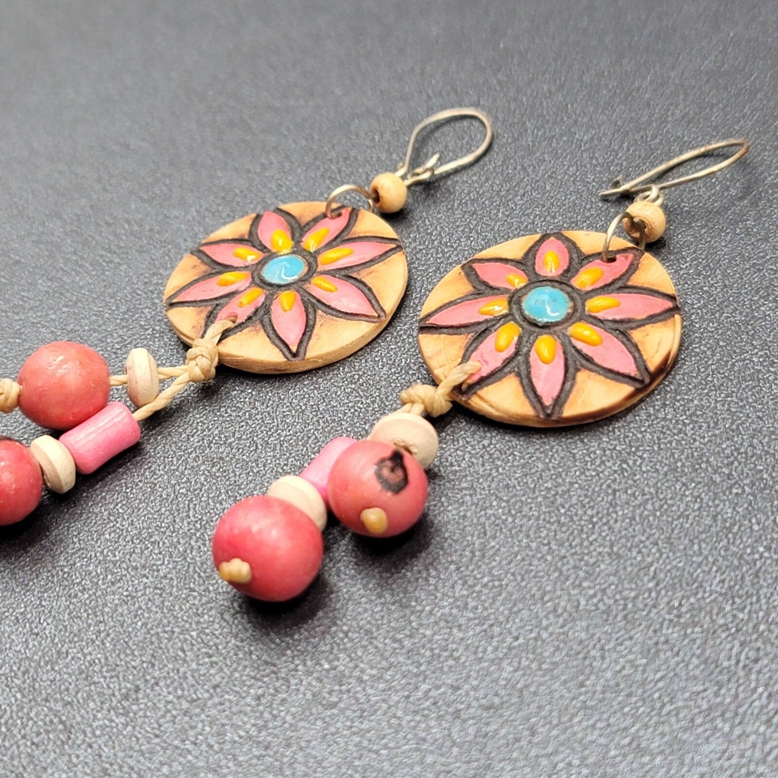Vintage Pierced Earrings Hand Painted Carved Coconut Pink Bead Dangle 2.25"