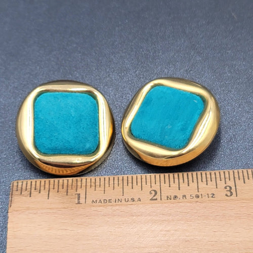 Clip on Earrings Gold tone Square Blue Felt Drop 1.25"