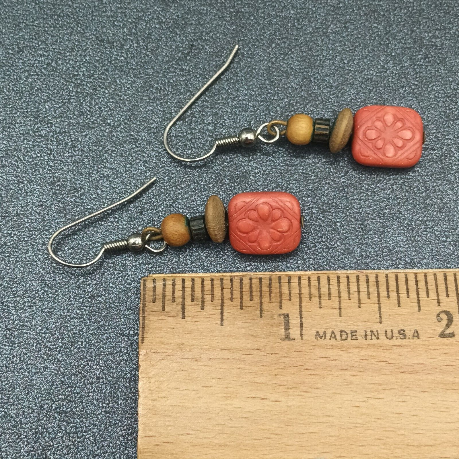 Pierced Earrings Silver tone Hook Red Plastic Flower Wood Bead Dangle 1"
