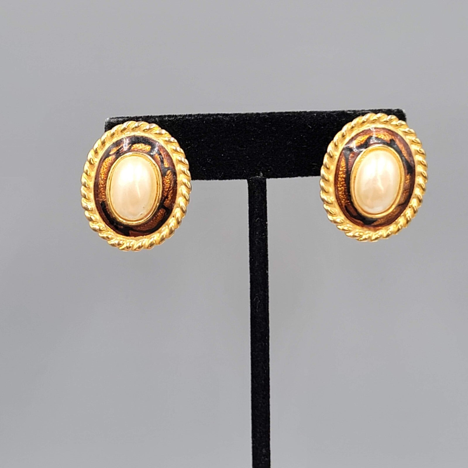 Vintage White Cabochon Pierced Earrings Enamel Yellow Gold Plated Drop 1 1/8"