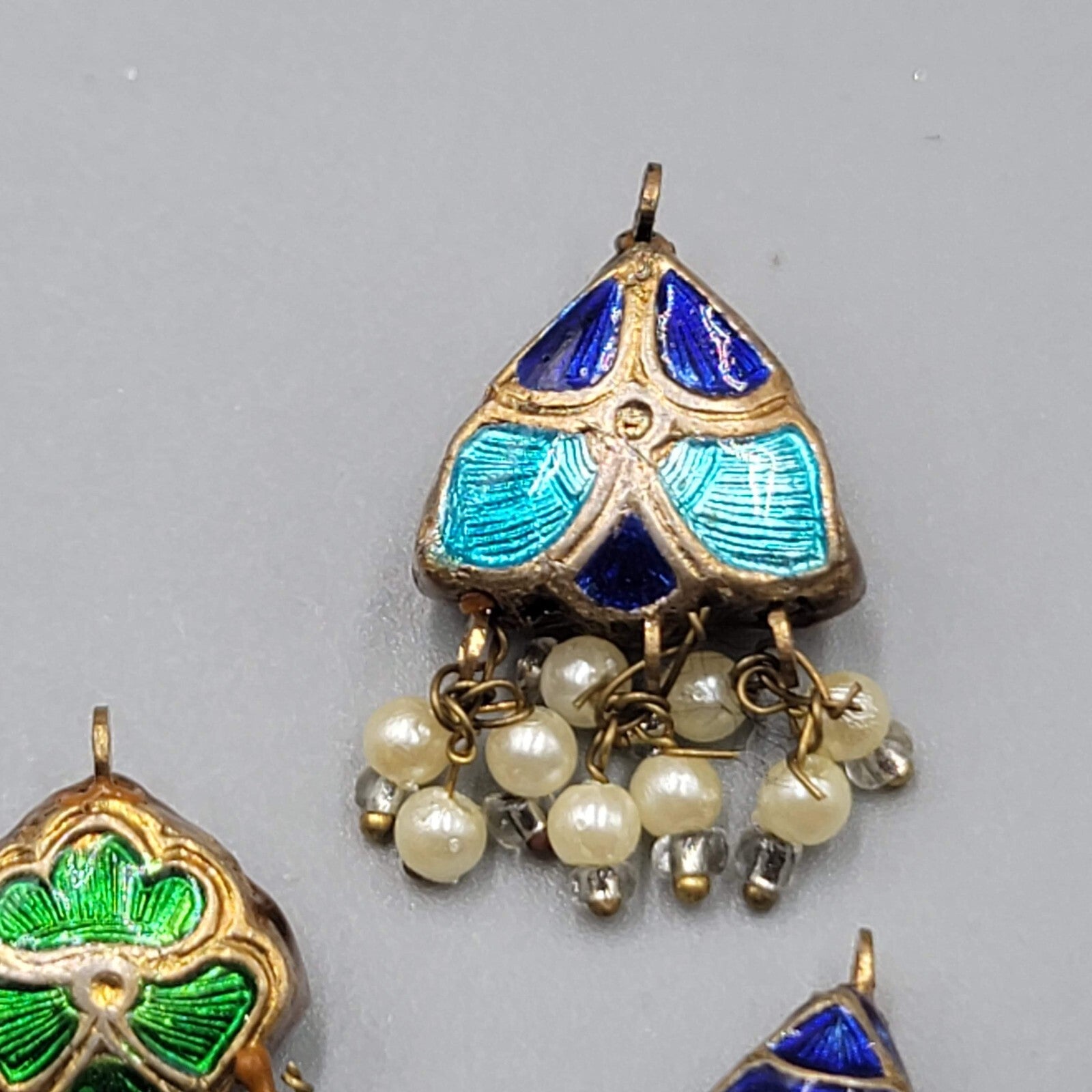 Lot of 4 Multicolor Enamel Guilloche Faux Pearl Dangle Pendants Charms 1"