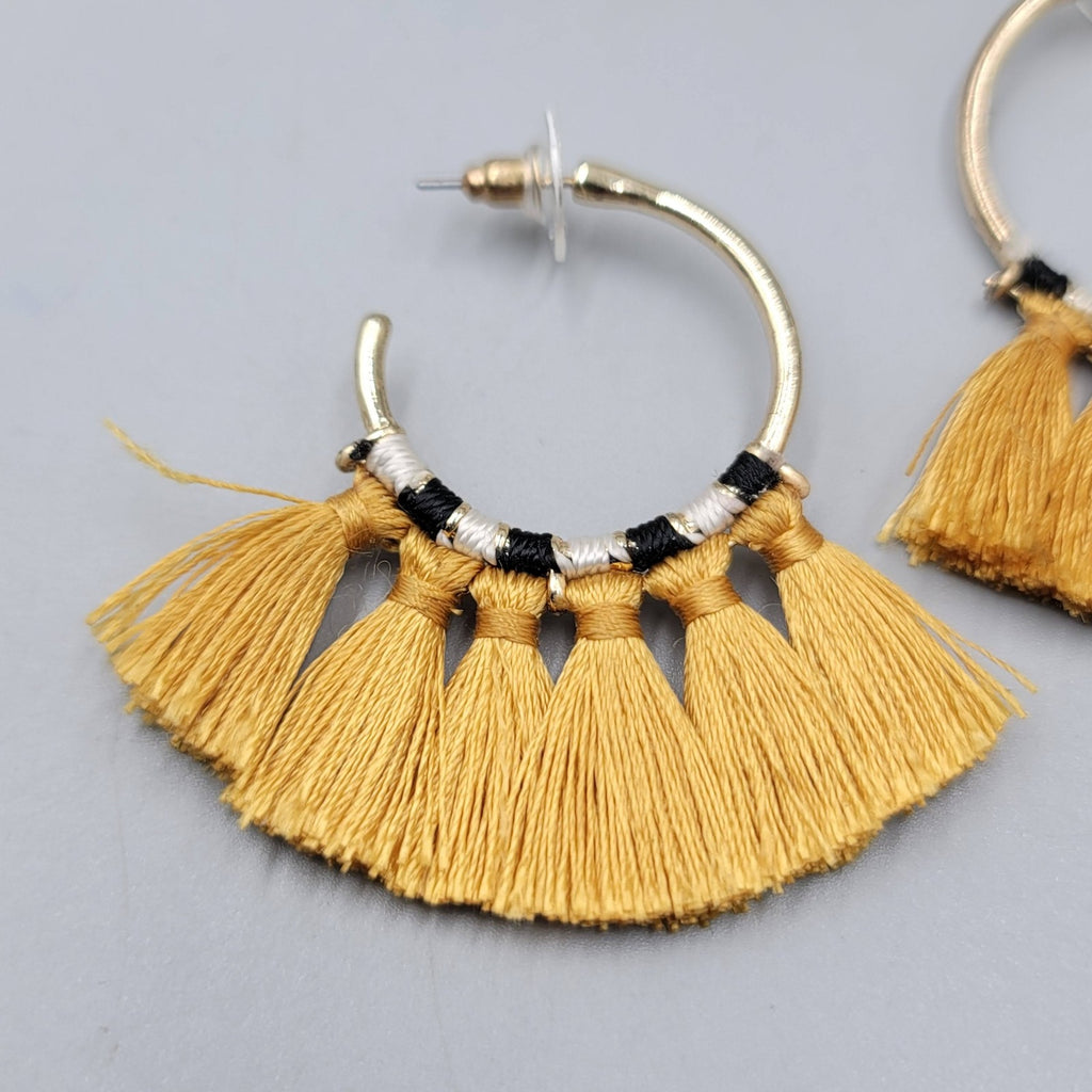 Boho Tassel Hoop Earrings Gold Tone Statement Dangle Festival Costume 2"