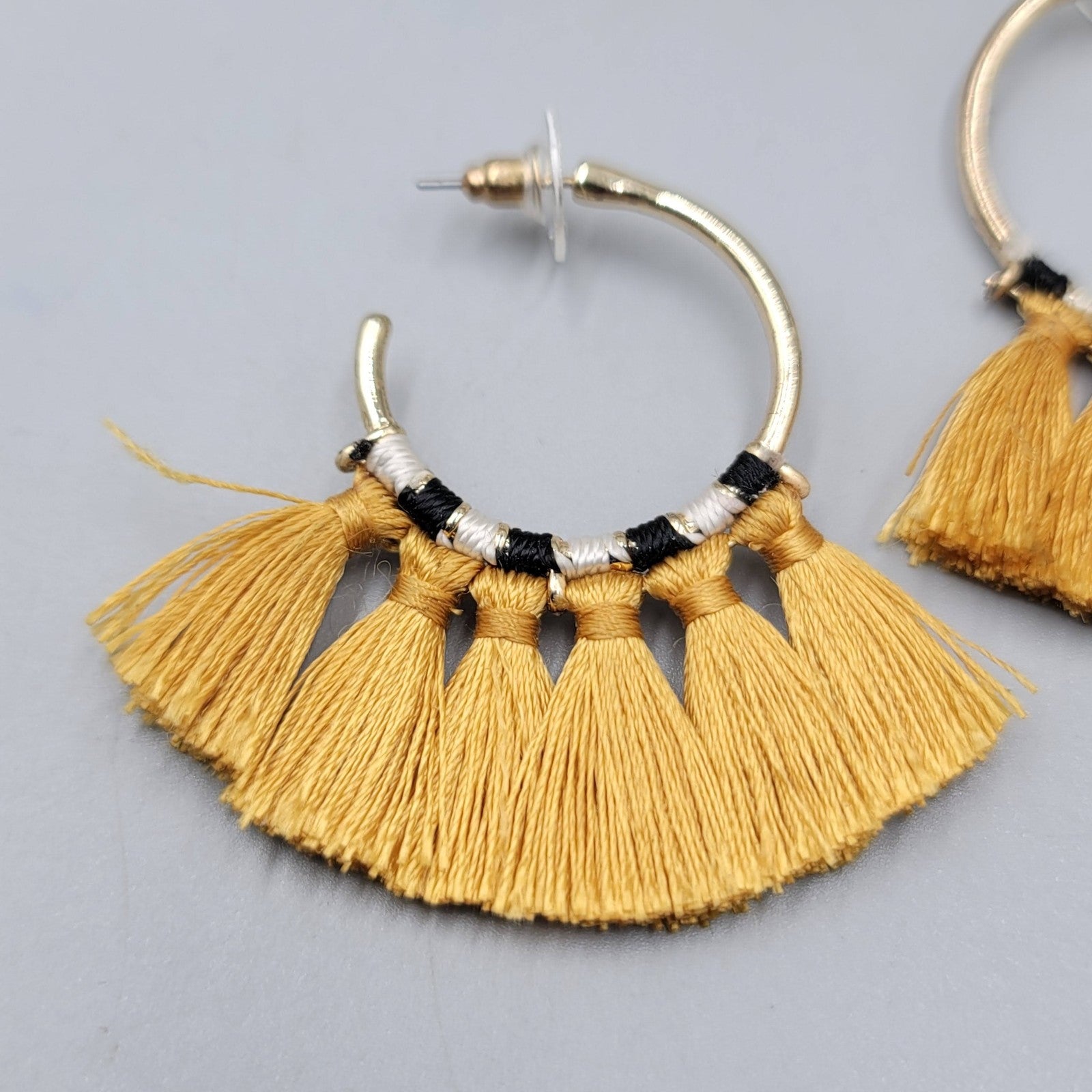Boho Tassel Hoop Earrings Gold Tone Statement Dangle Festival Costume 2"