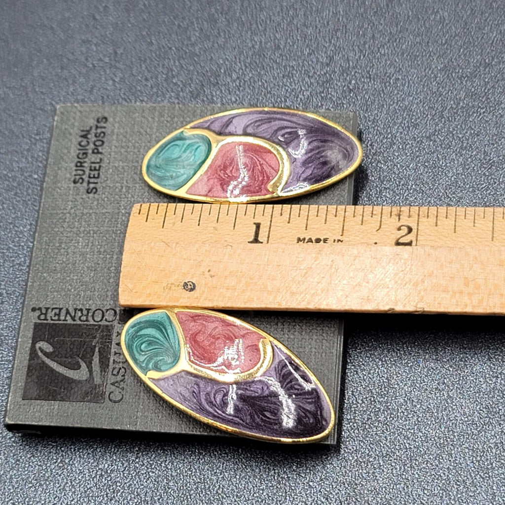 Vintage Pierced Earrings Gold Plated Teal Pink Purple Enamel Drop 1.5"