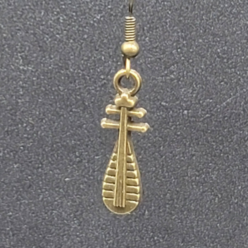 Lute Pierced Earrings Bronze tone Embossed Dangle New 1"