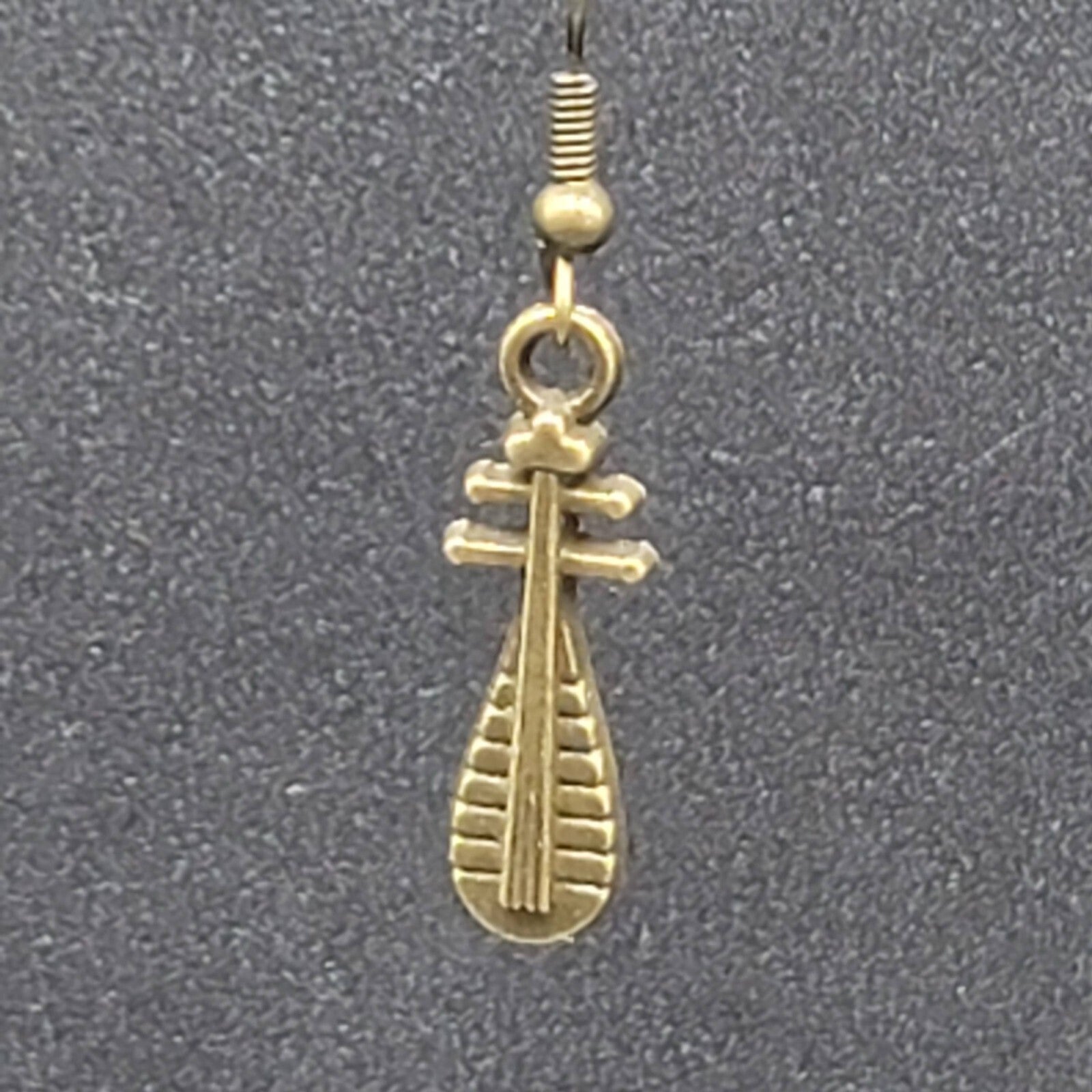 Lute Pierced Earrings Bronze tone Embossed Dangle New 1"