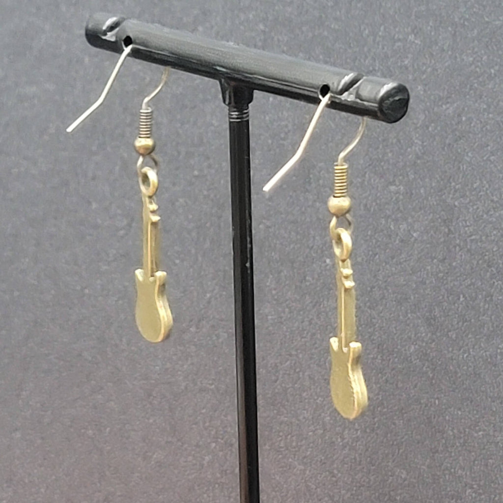 Electric Guitar Pierced Earrings Bronze tone Embossed Dangle 1"