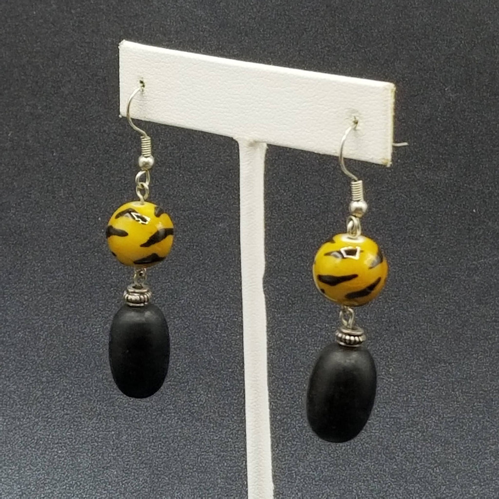 Pierced Earrings Glass Wood Bead Boho Dangle 1 1/2"