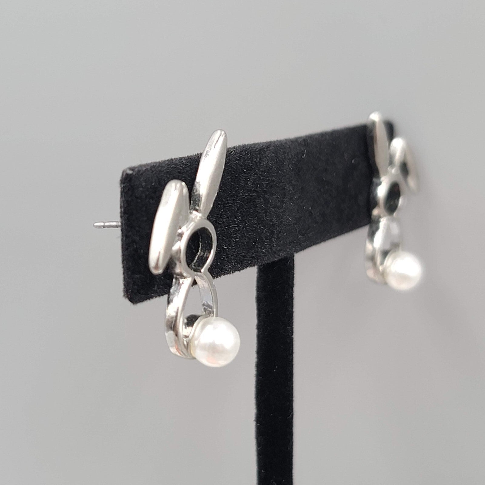 Bunny Rabbit Pierced Earrings Silver tone White Bead Tale Drop 1"