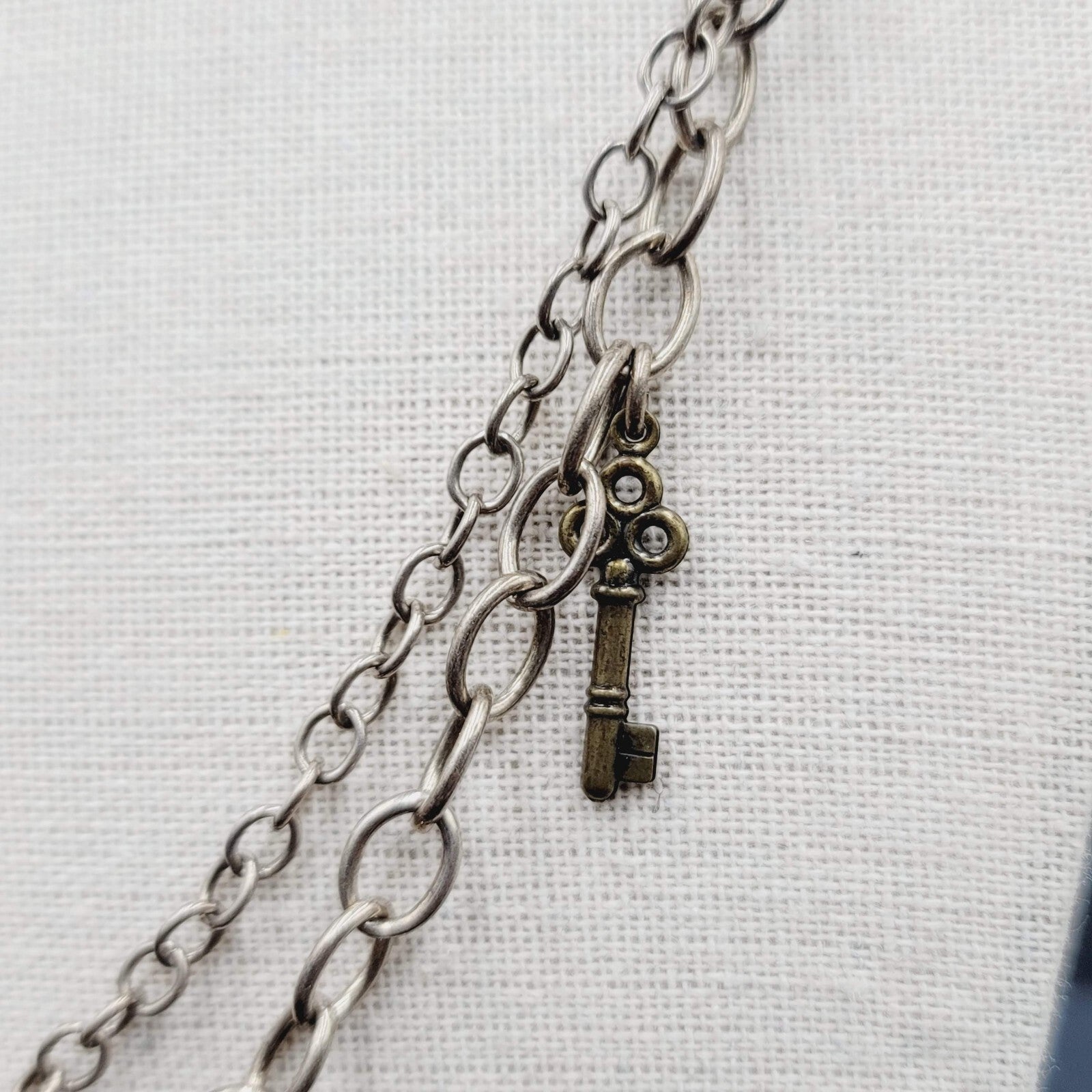 Skeleton Key Heart Charm Necklace Silver tone Statement 22"