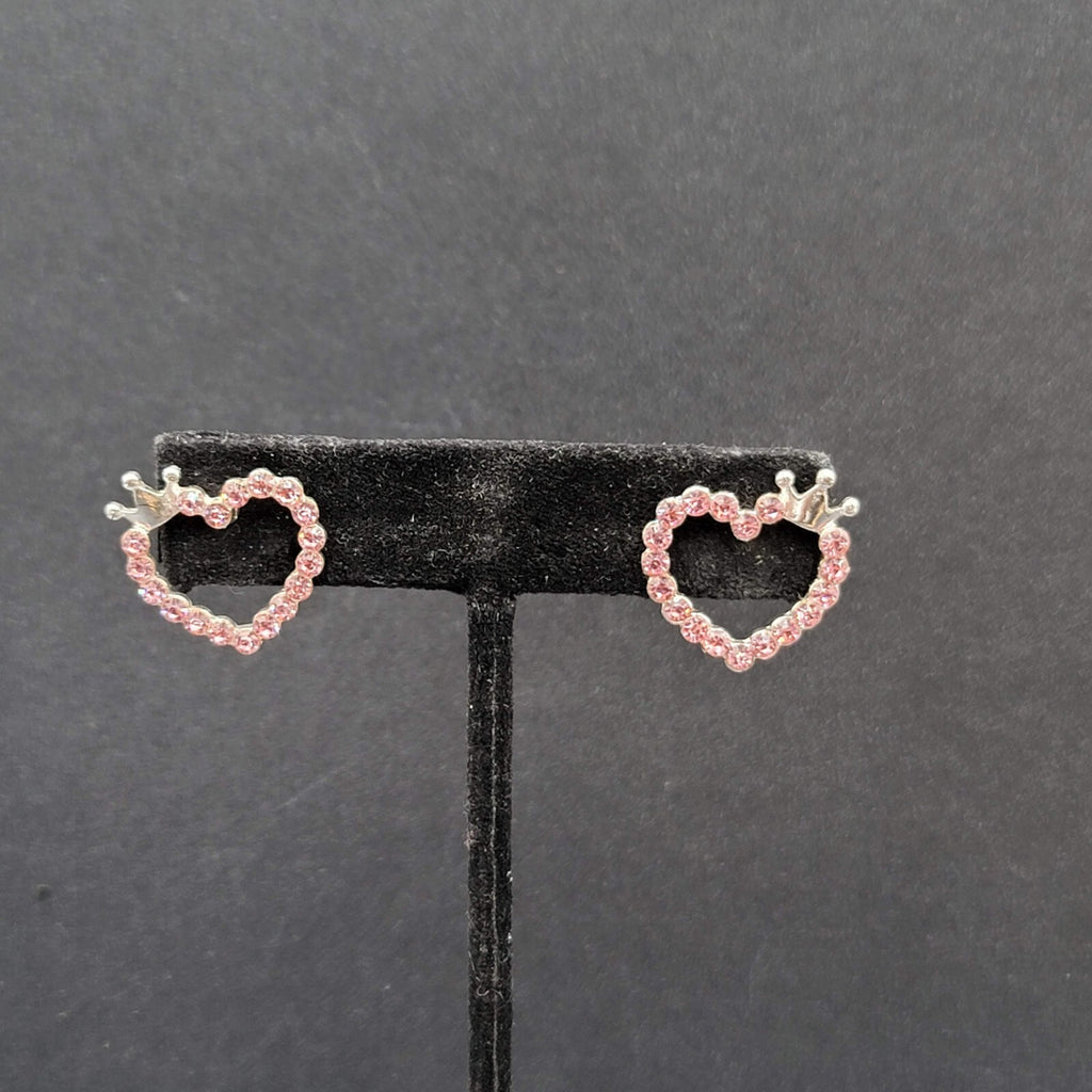 Heart Pierced Earrings Silver tone Crown Pink Crystal Studs 3/4"