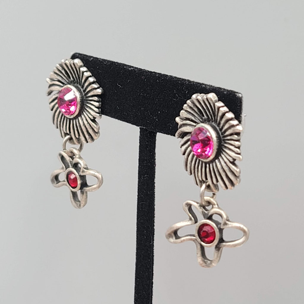 Chicos Flower Pierced Earrings Purple Red Rhinestone Silver tone Dangle 1.5"