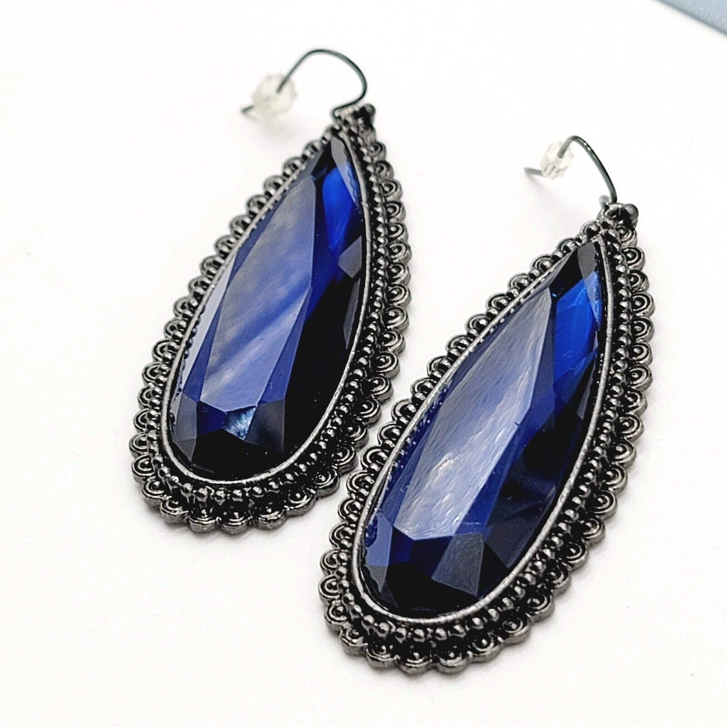 Pierced Earrings Black Metal Large Blue Glass Faceted Teardrop Gothic 2 1/8"