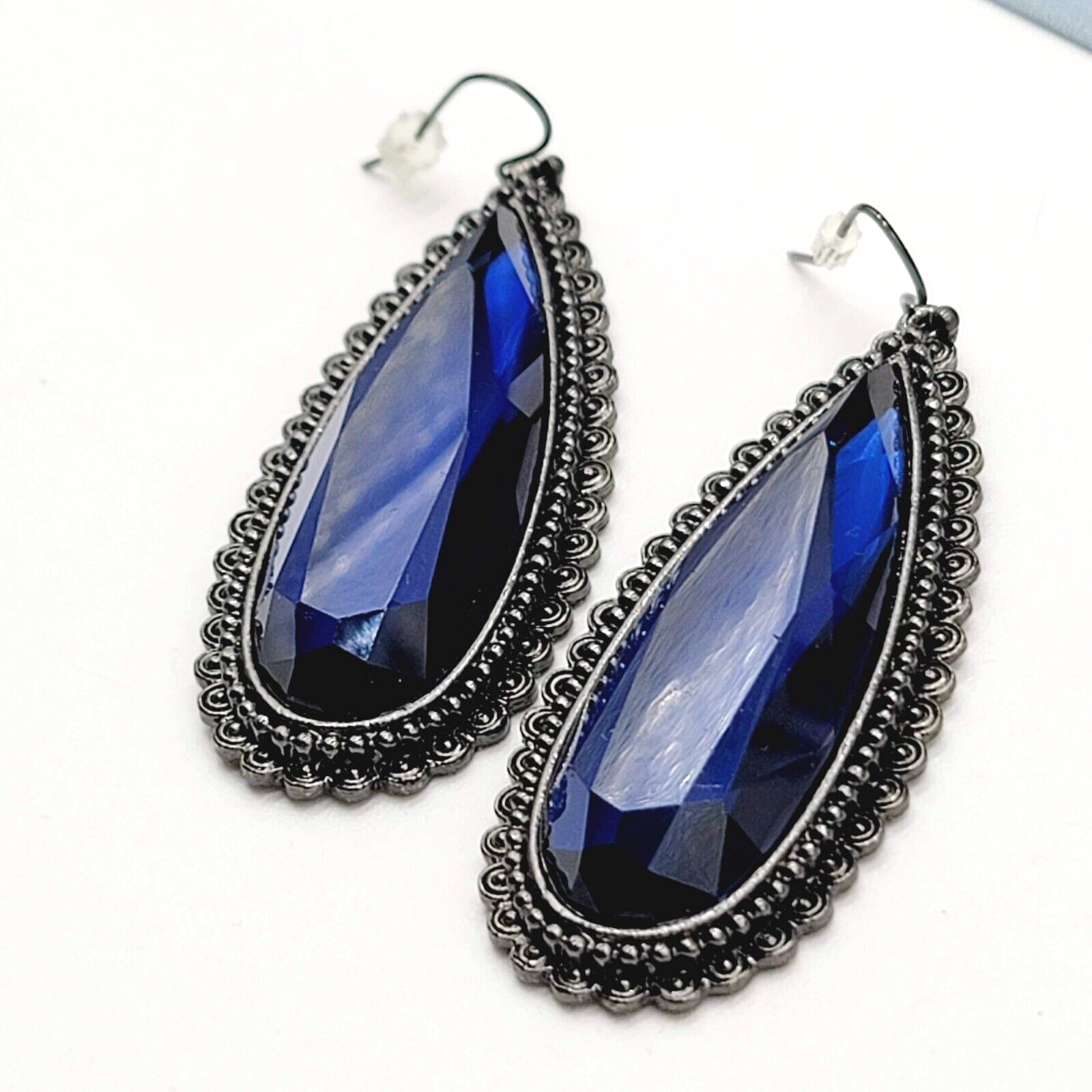 Pierced Earrings Black Metal Large Blue Glass Faceted Teardrop Gothic 2 1/8"