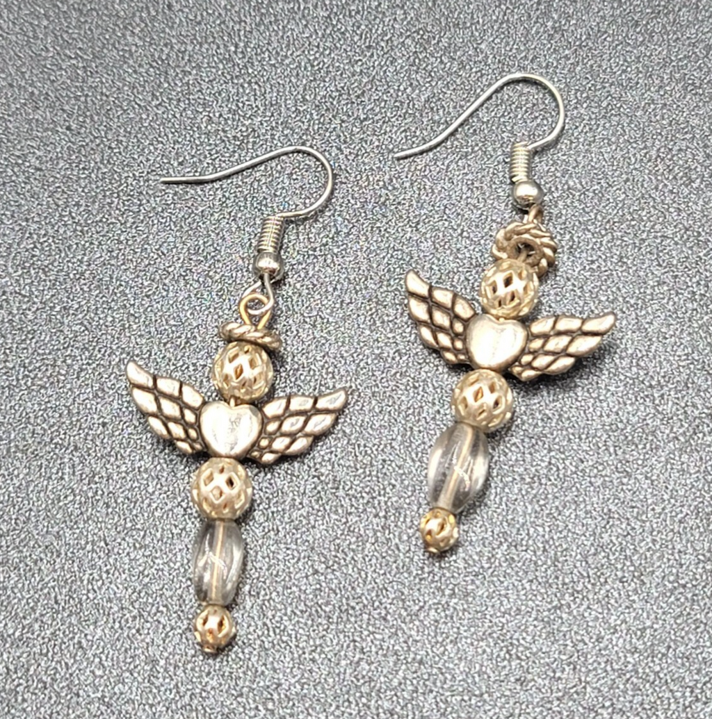 Vintage Angel Pierced Earrings Silver tone Bead Dangle 1.5"