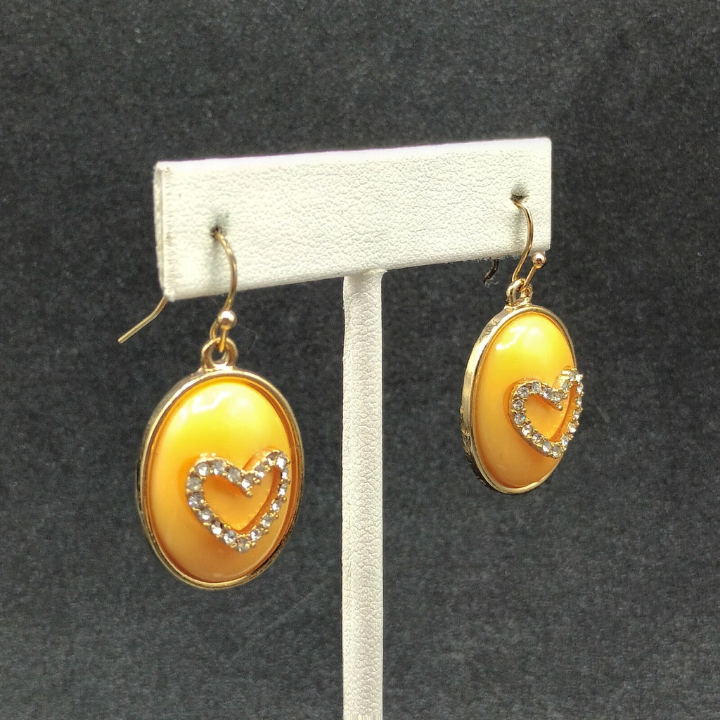 Pierced Earrings Gold tone Peach Color Crystal Heart Dangle 1"
