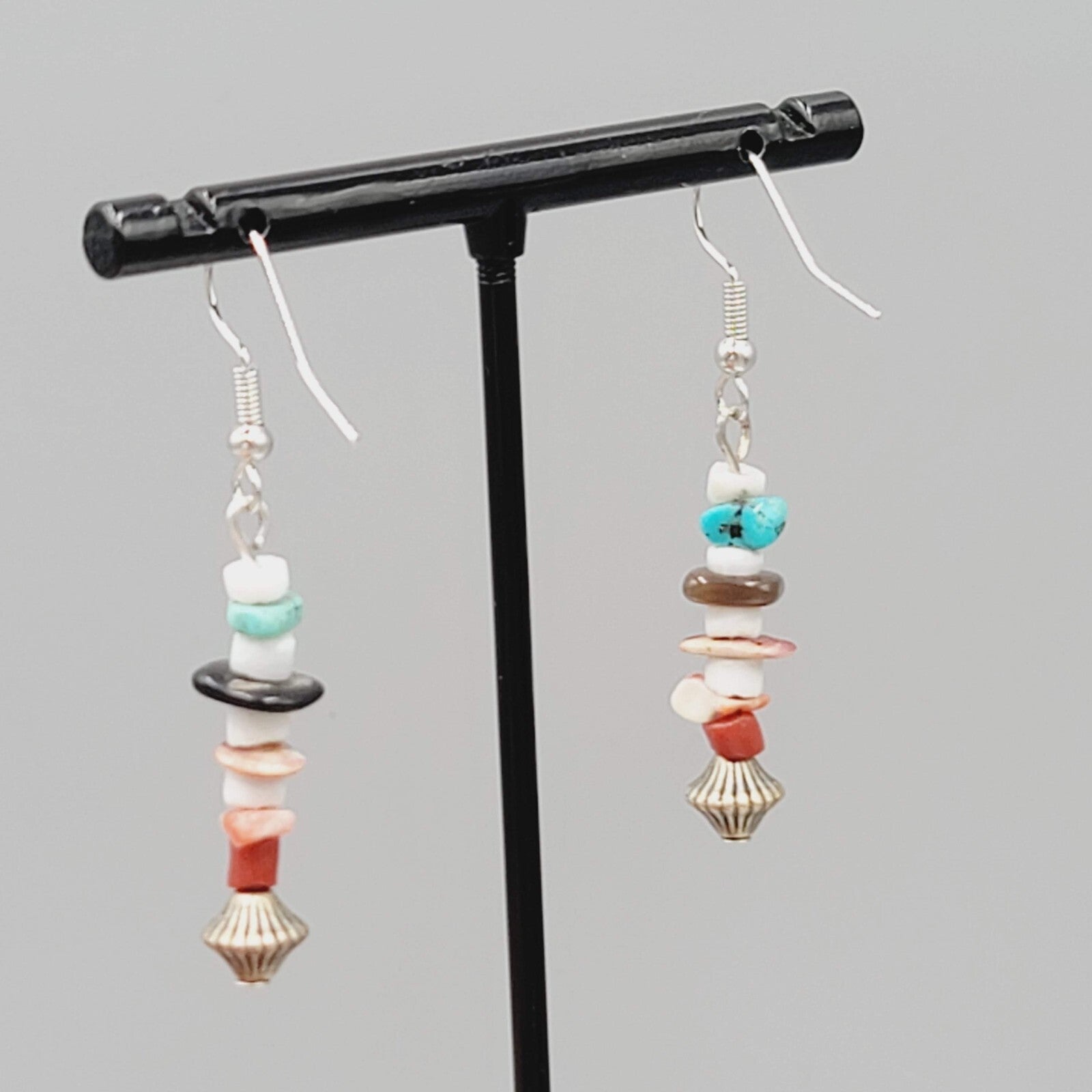 Pierced Earrings Multi Stone Boho Dangle Silver tone 1.25"