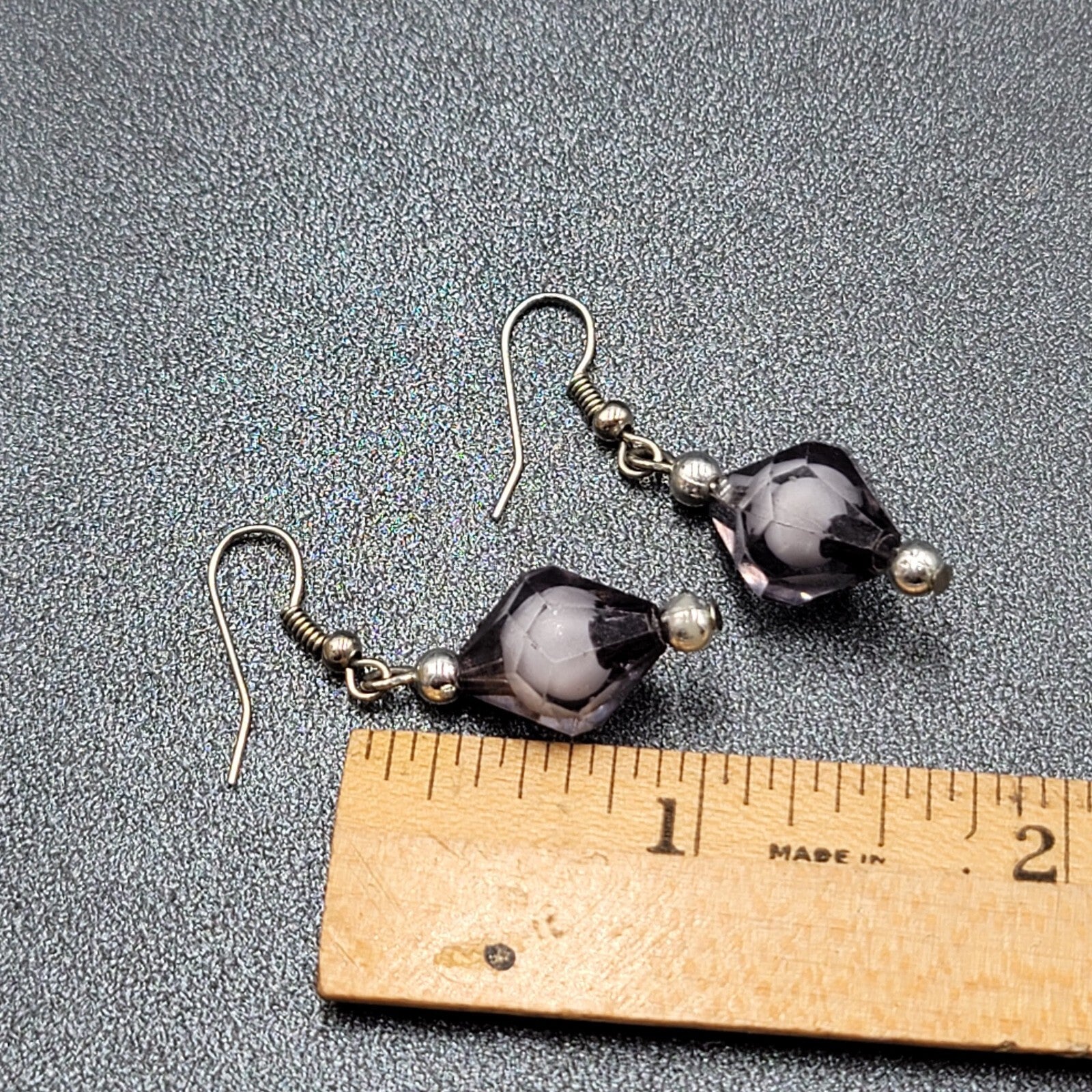 Pierced Earrings Silver tone Black White Art Bead Dangle 1"