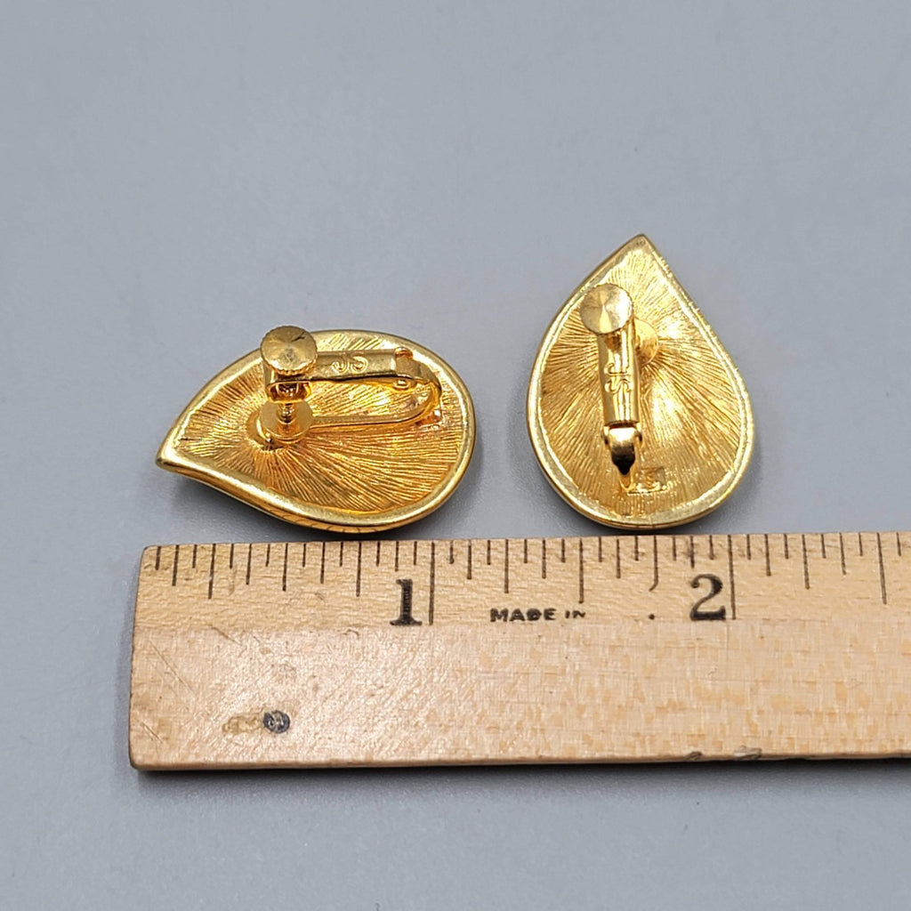 Vintage White Enamel Clip on Earrings Gold Plated Drop Signed JS 1 1/8"