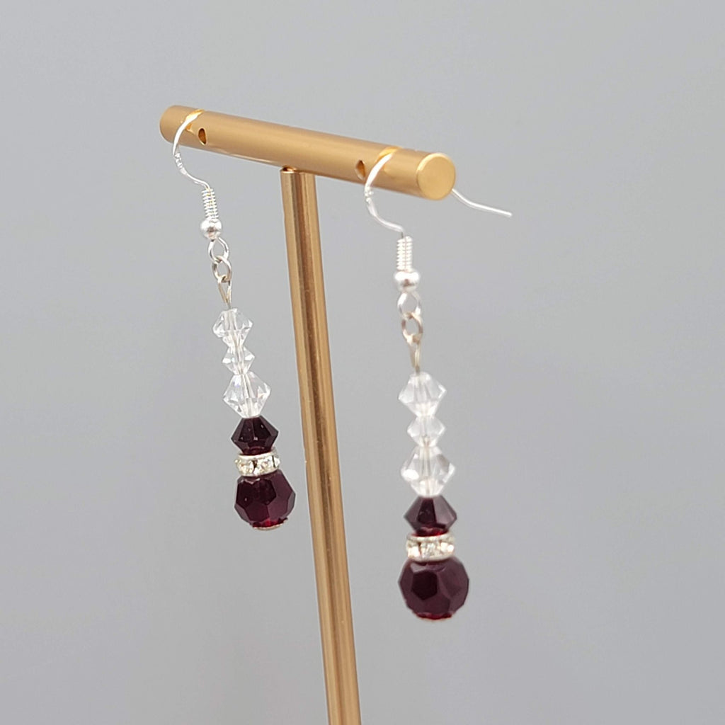 Red Clear Crystal Bead Pierced Earrings Silver tone Dangle 1.25"