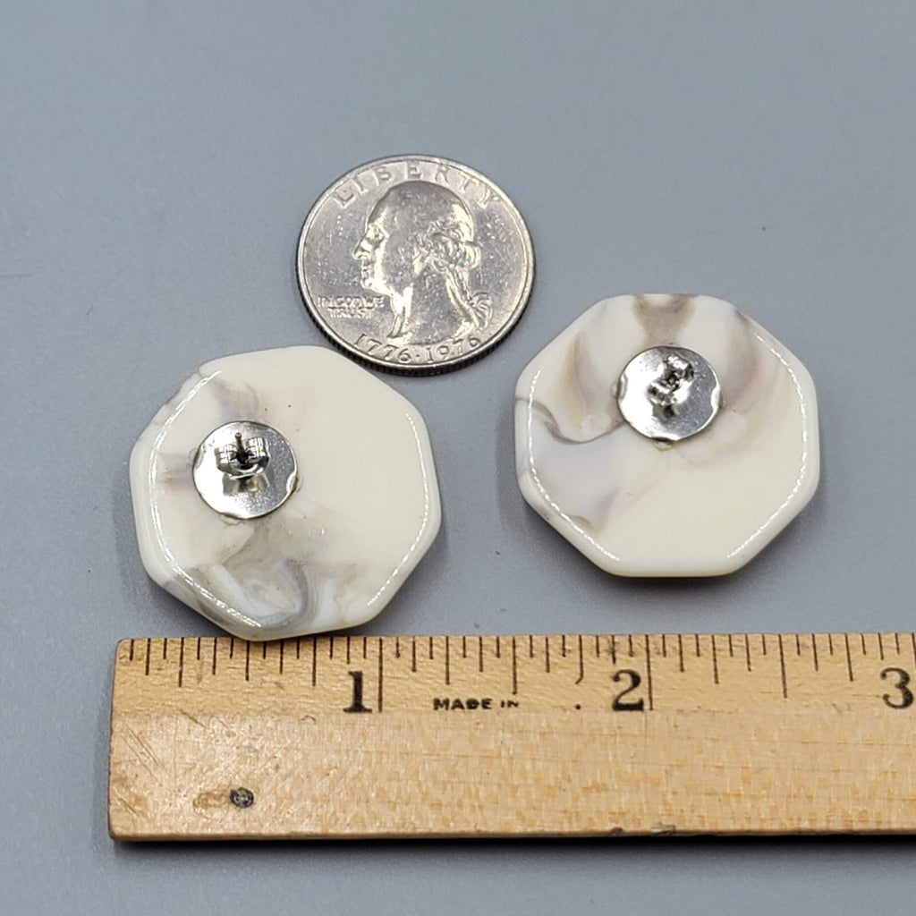 Vintage Pierced Earrings White Gray Marble Look Octagon Drop 1.25"