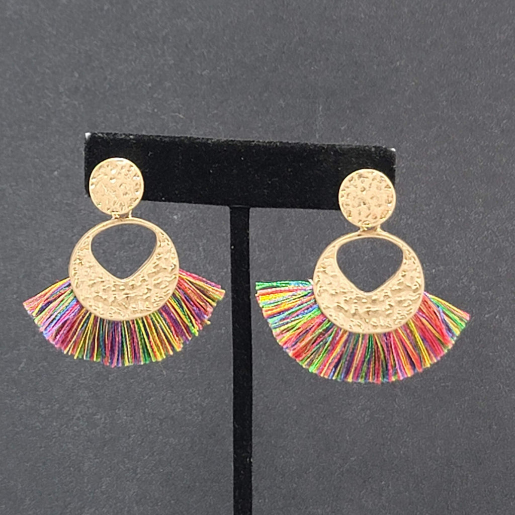 Pierced Earrings Gold tone Multicolor Tassel Boho 1.75"