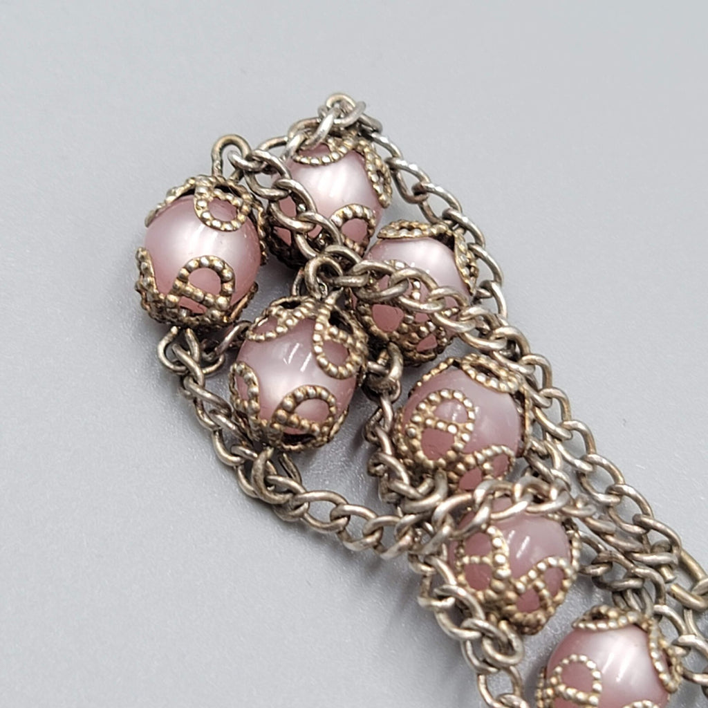 Vintage Sterling Rosary Pink Moonglow Capped Beads Bracelet 7"