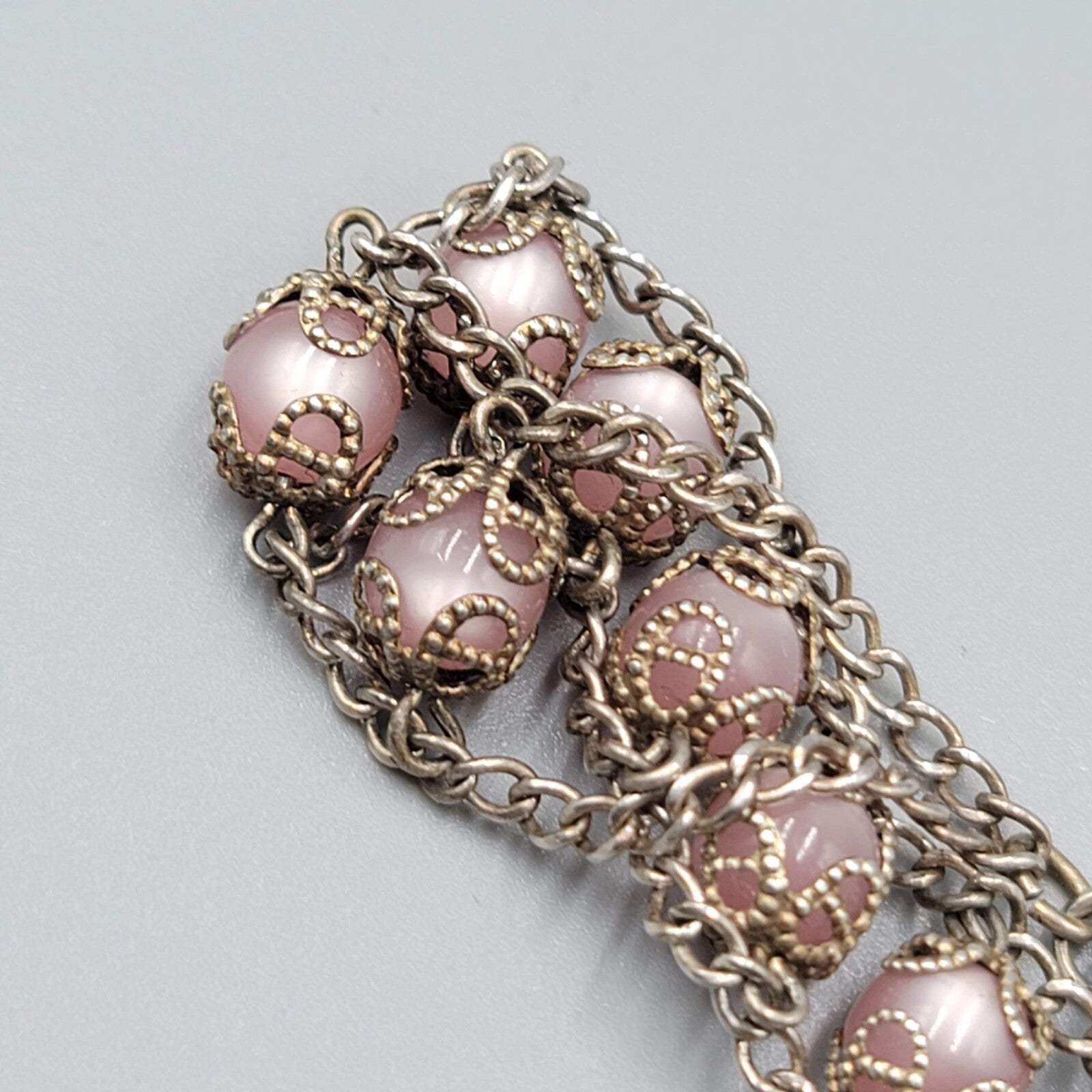 Vintage Sterling Rosary Pink Moonglow Capped Beads Bracelet 7"