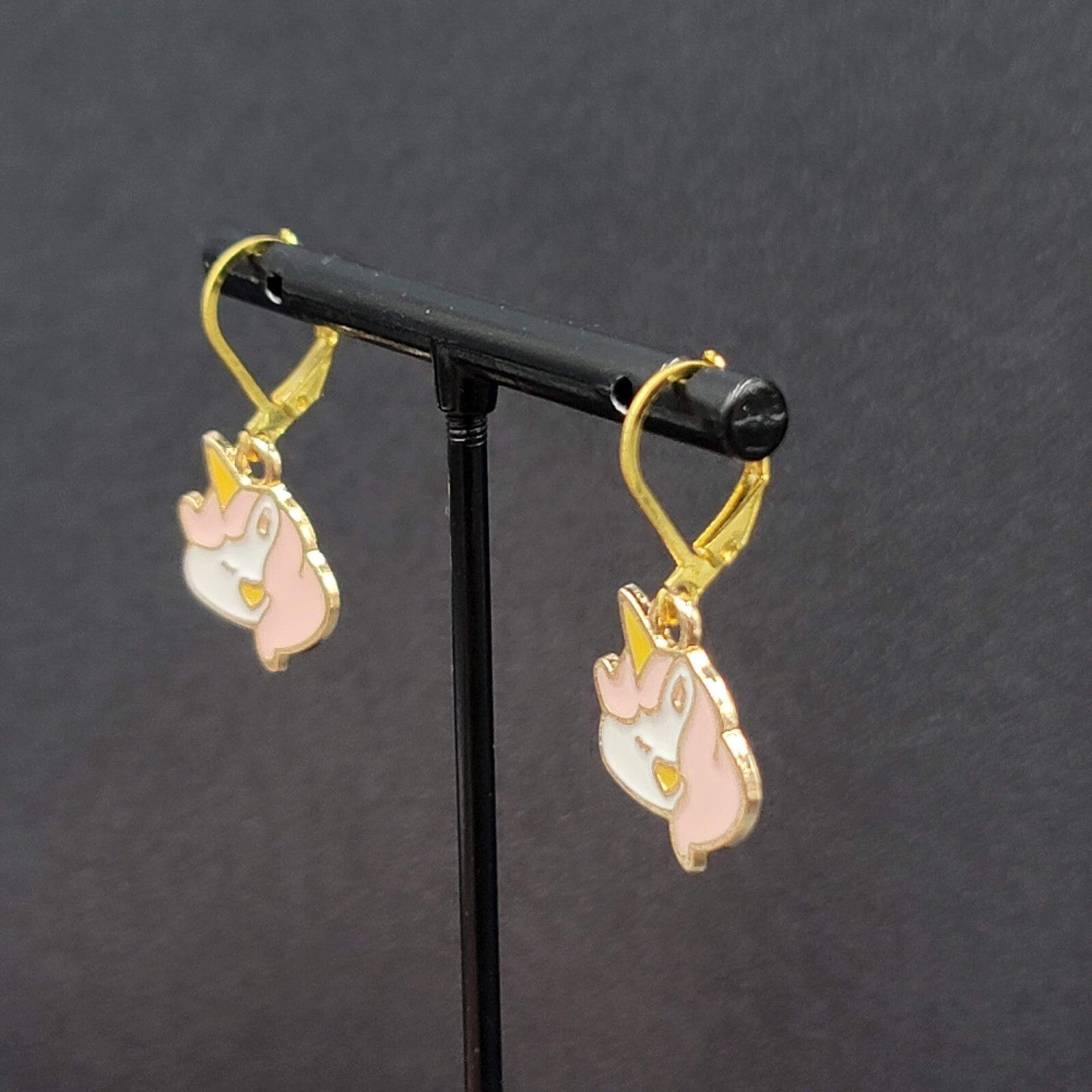 New Unicorn Pierced Earrings Gold tone Pink Enamel Dangle 5/8"