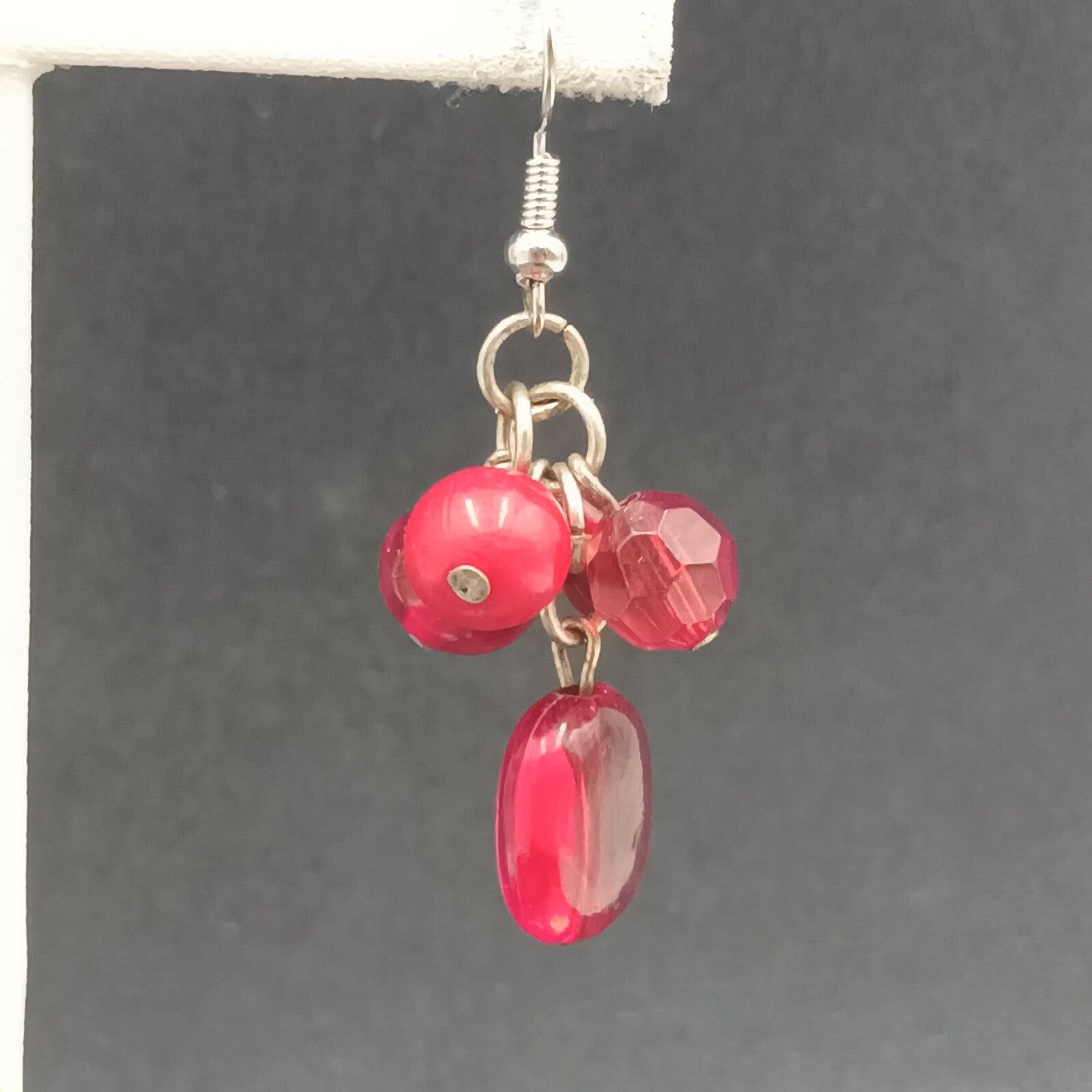 Pierced Earrings Red Acrylic Bead Cluster Silver tone Hook Dangle 1 3/8"