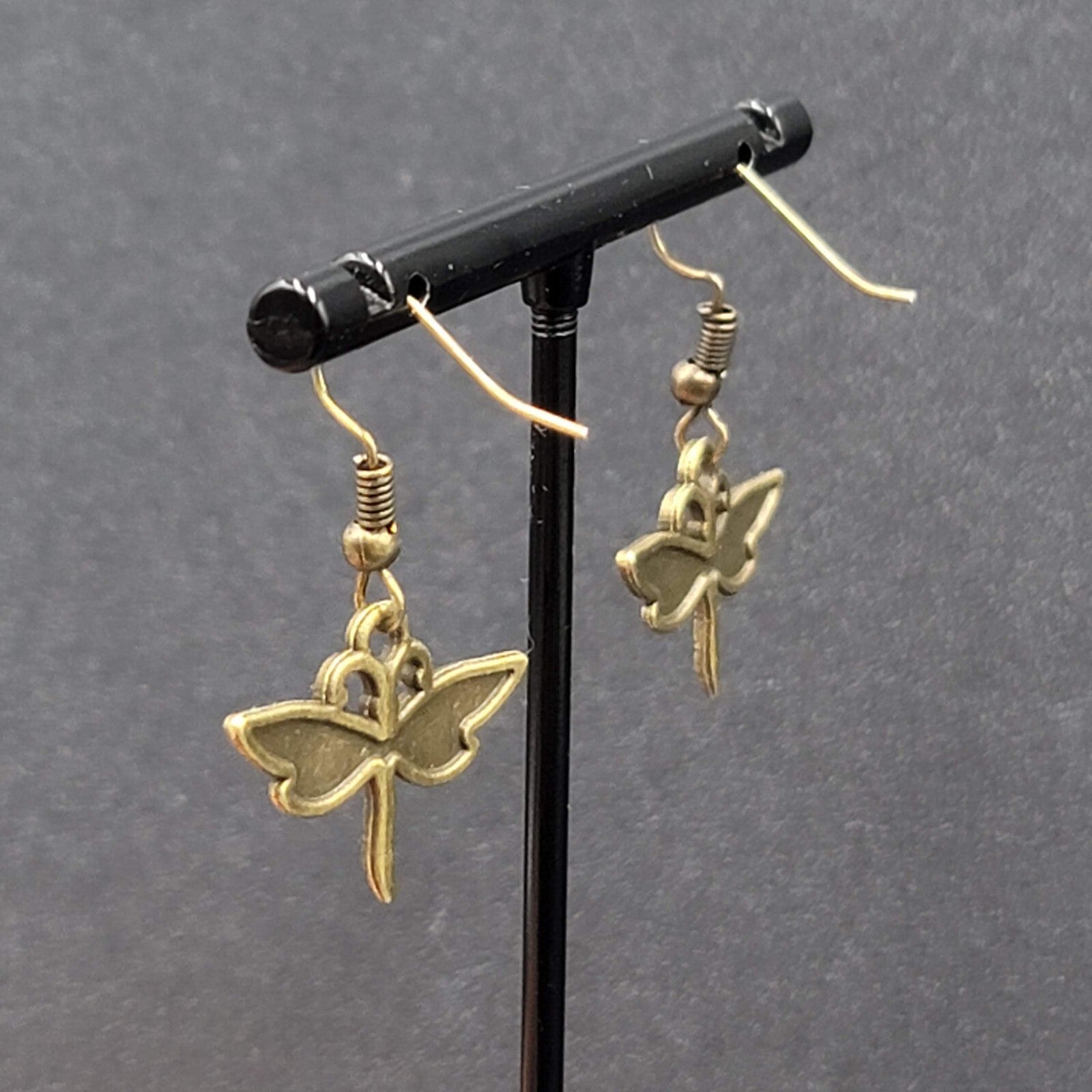 Dragonfly Pierced Earrings Dangle Bronze tone Bug Insect 5/8"