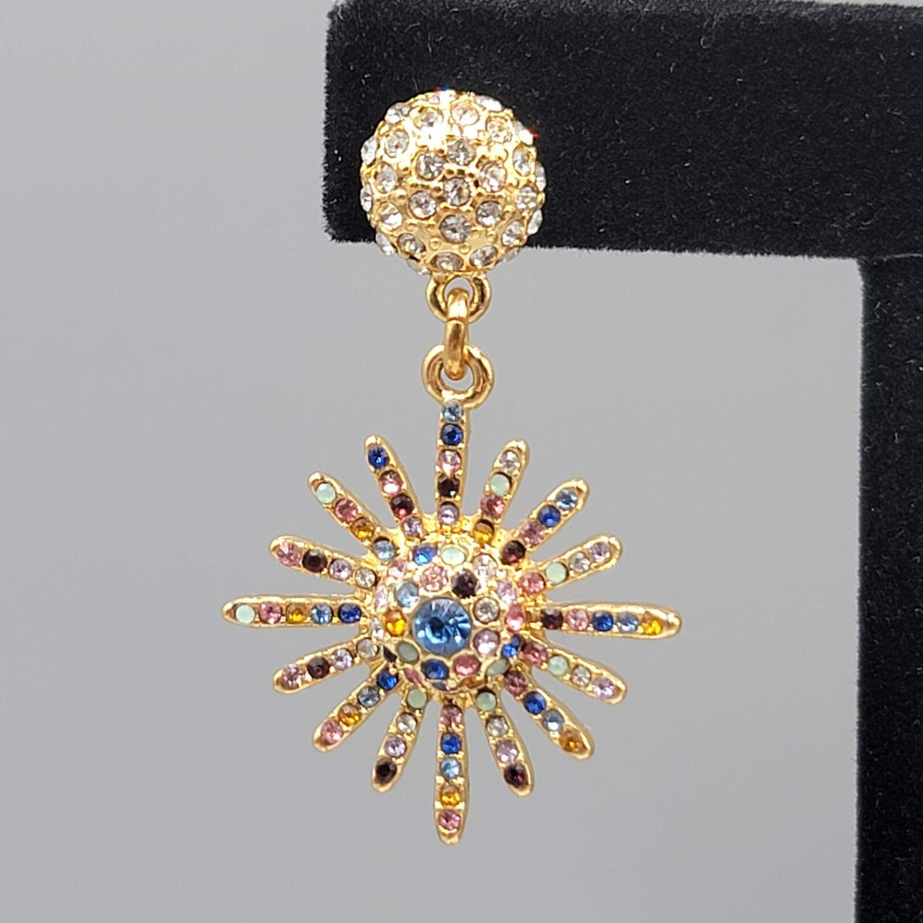 Pierced Earrings Gold tone Multicolor Crystal Starburst Sun Dangle 1.75"