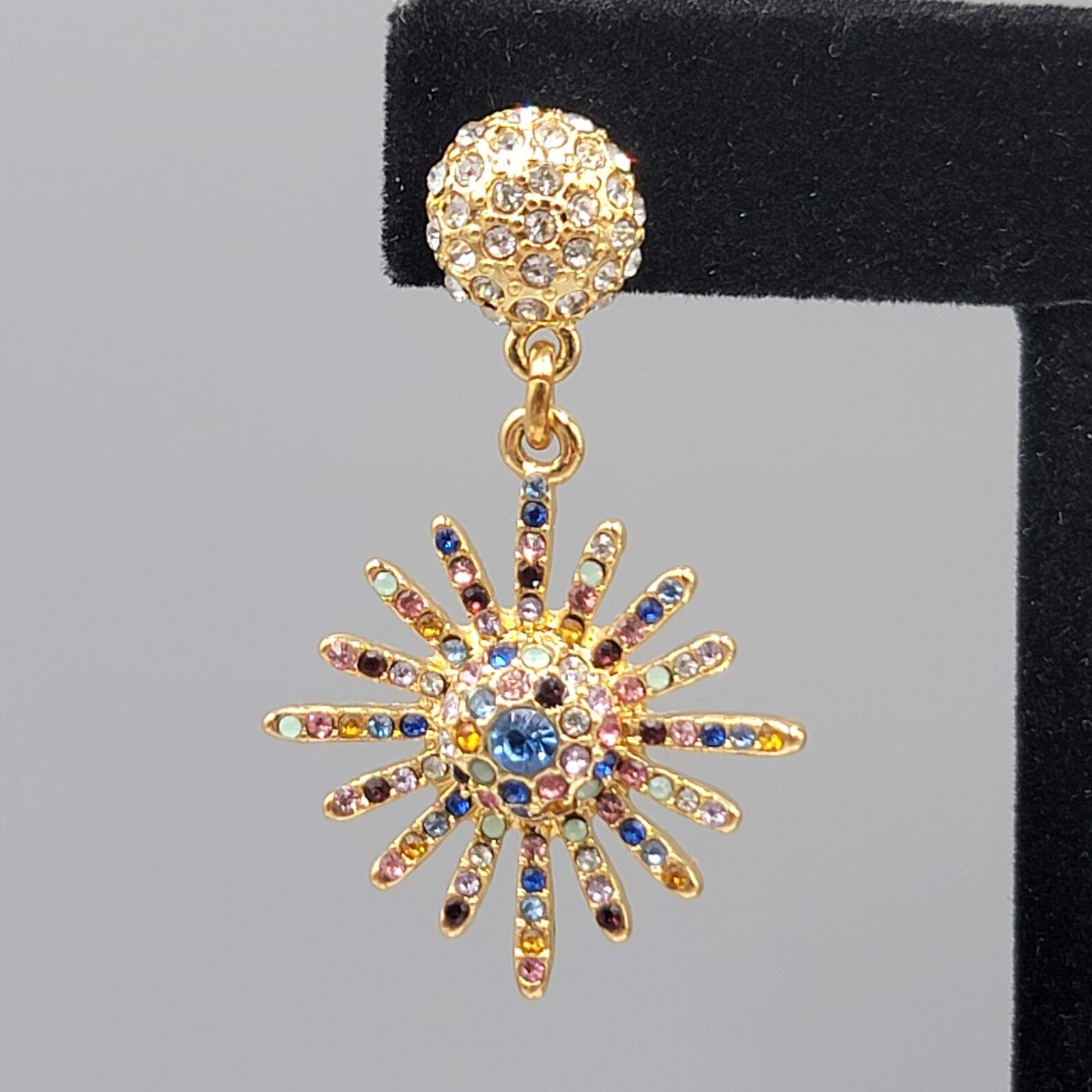 Pierced Earrings Gold tone Multicolor Crystal Starburst Sun Dangle 1.75"