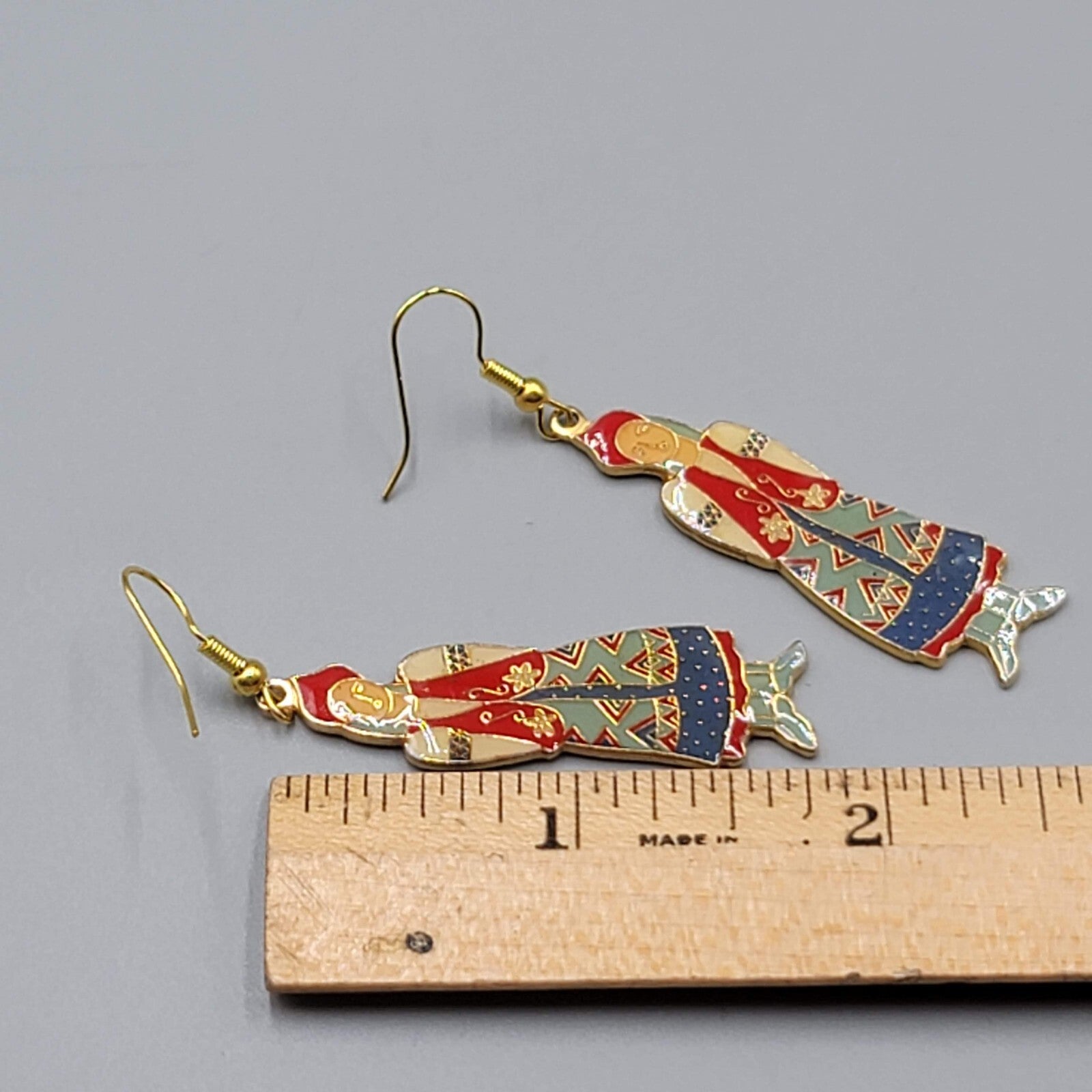 Vintage Pierced Earrings Russian Folk Dress Lady Woman Figure Dangle 2"