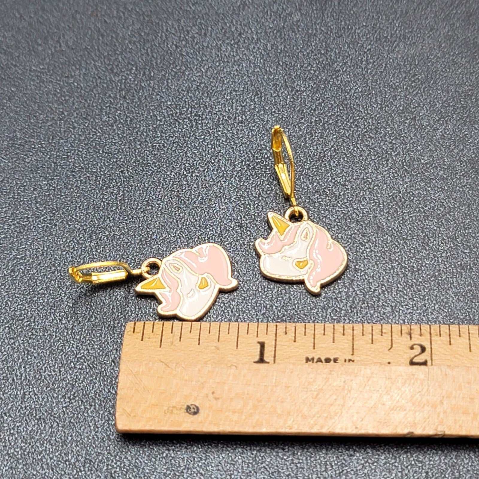 New Unicorn Pierced Earrings Gold tone Pink Enamel Dangle 5/8"