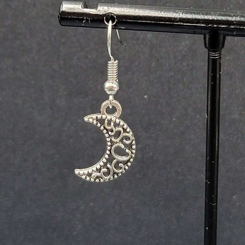 New MOON Pierced Earrings Silver tone Open Work Metal Dangle 5/8"