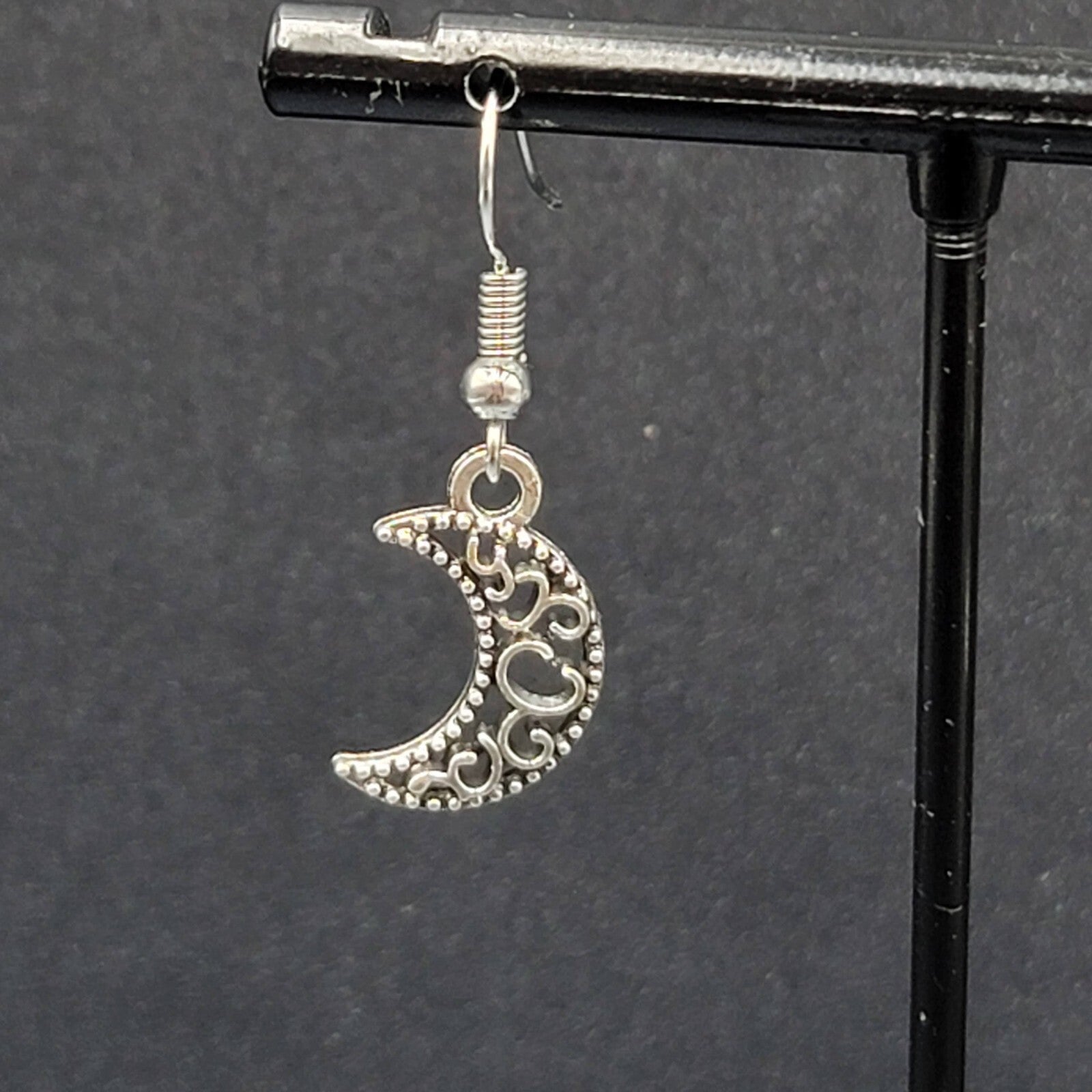 New MOON Pierced Earrings Silver tone Open Work Metal Dangle 5/8"