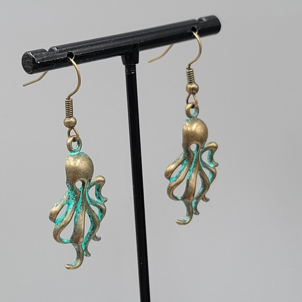 Octopus Beach Sea life Pierced Earrings Bronze tone Green wash Dangle 1 1/8"