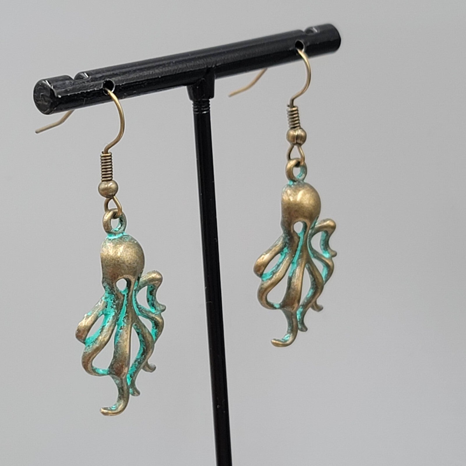 Octopus Beach Sea life Pierced Earrings Bronze tone Green wash Dangle 1 1/8"