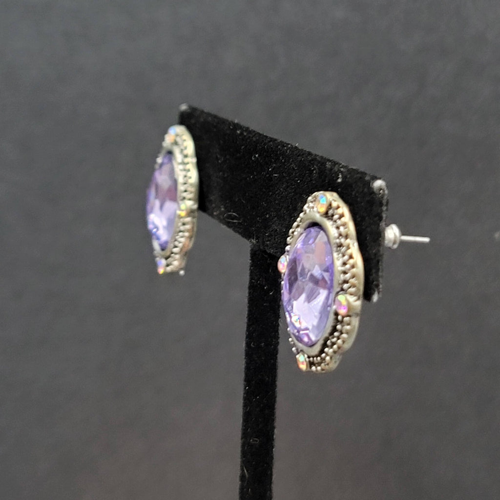 Pierced Earrings Silver tone Glass Faceted Oval Rhinestone 7/8"