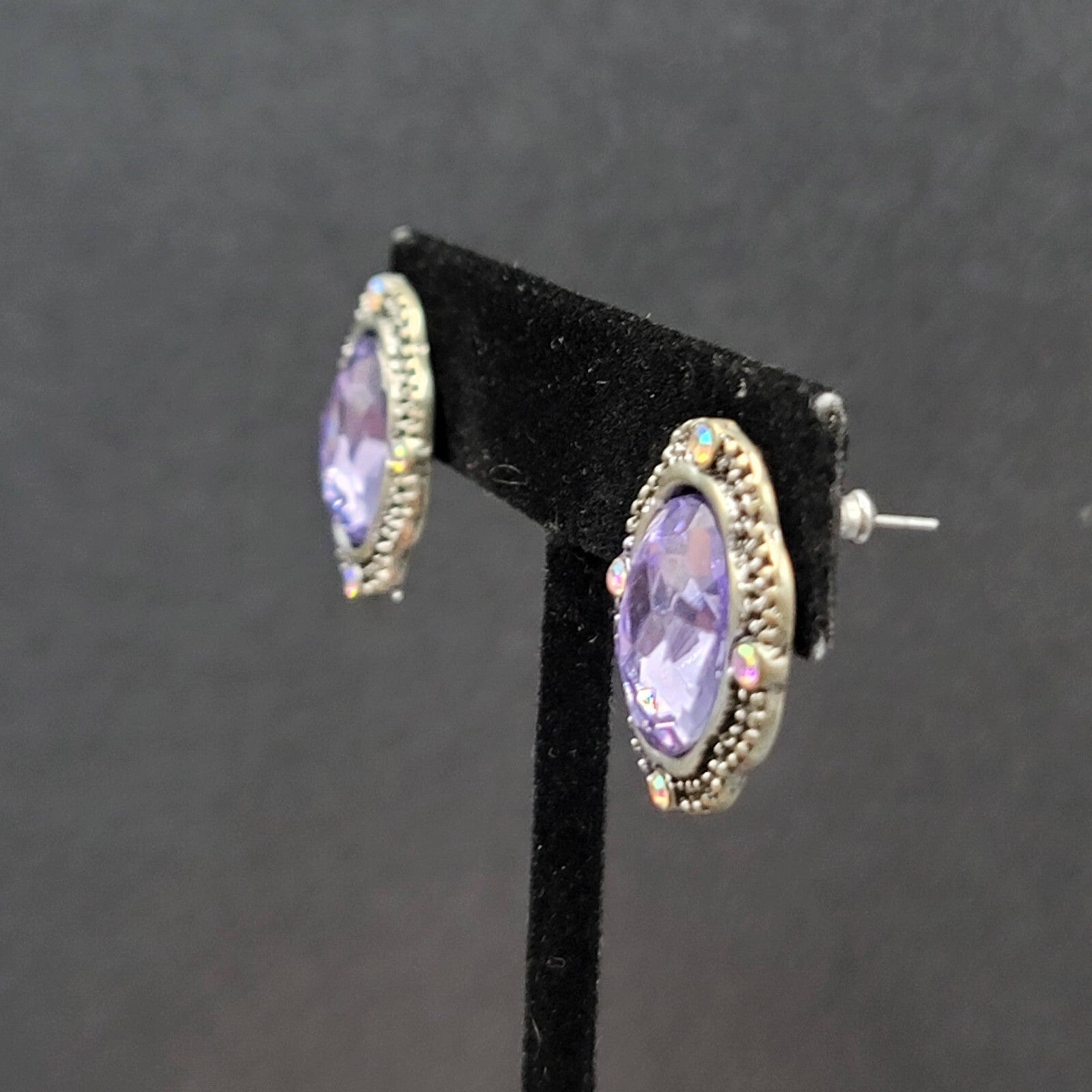 Pierced Earrings Silver tone Glass Faceted Oval Rhinestone 7/8"