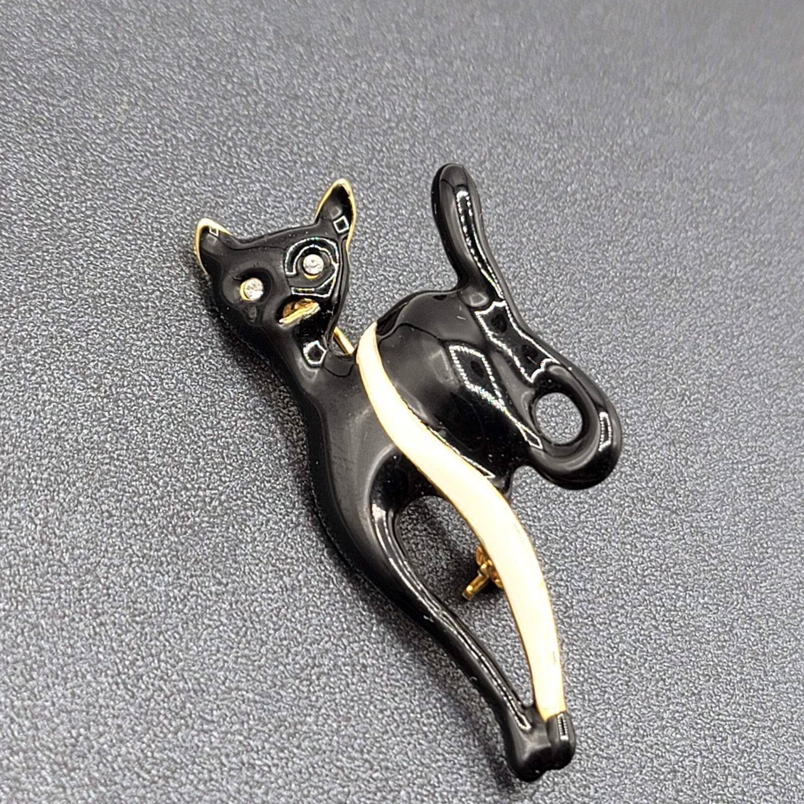 Vintage Black Cat Brooch Enamel Rhinestone Eyes 2.25"