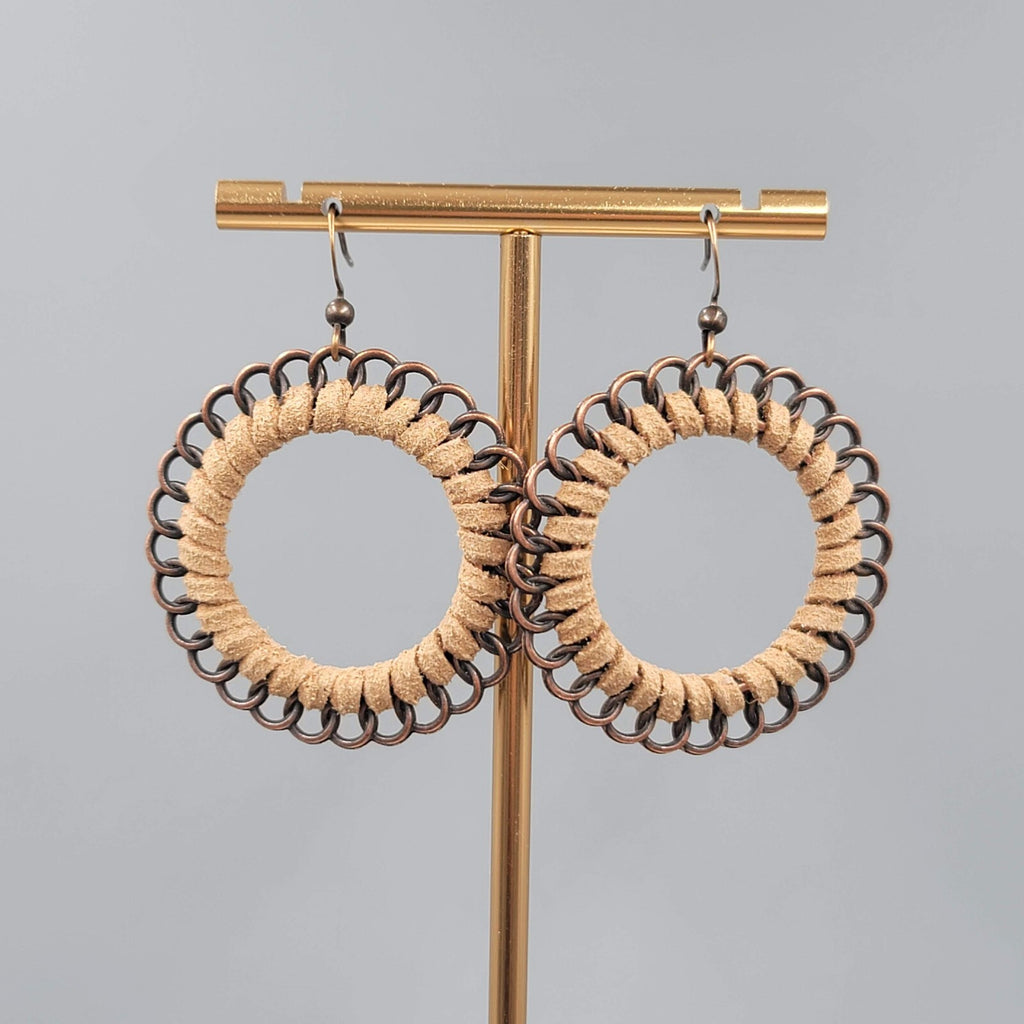 Pierced Earrings Bronze tone Dangle Faux Suede Leather Wrapped 1 5/8"